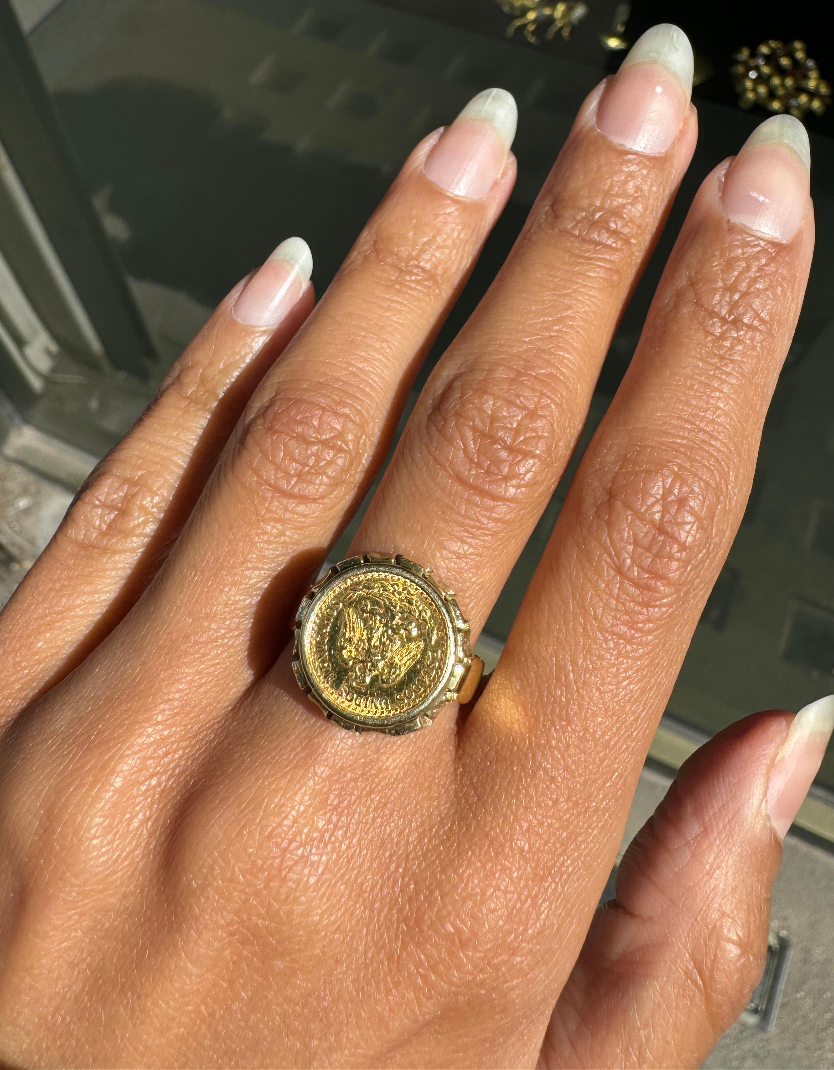 da uomo o donna Anello da uomo con moneta messicana da 900 Dos Pesos in oro giallo da 14 carati in vendita