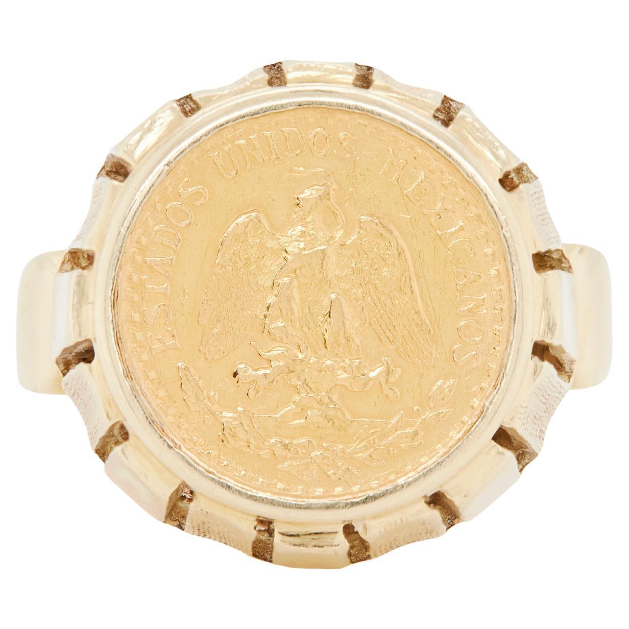 Anello da uomo con moneta messicana da 900 Dos Pesos in oro giallo da 14 carati