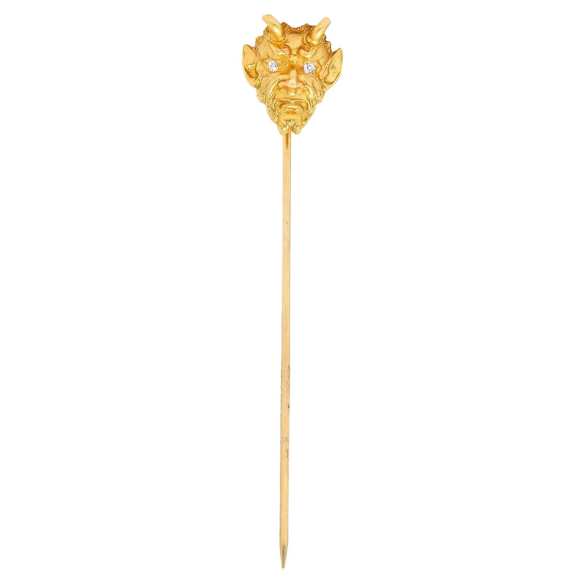 900 Late Victorian Diamond 18 Karat Yellow Gold Devil Stickpin For Sale 1