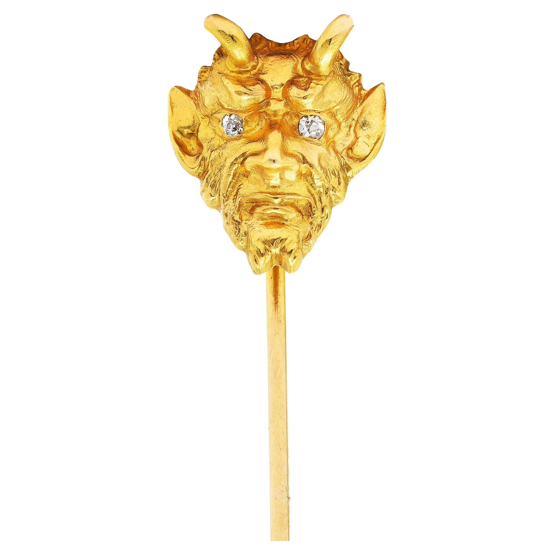 900 Late Victorian Diamond 18 Karat Yellow Gold Devil Stickpin For Sale