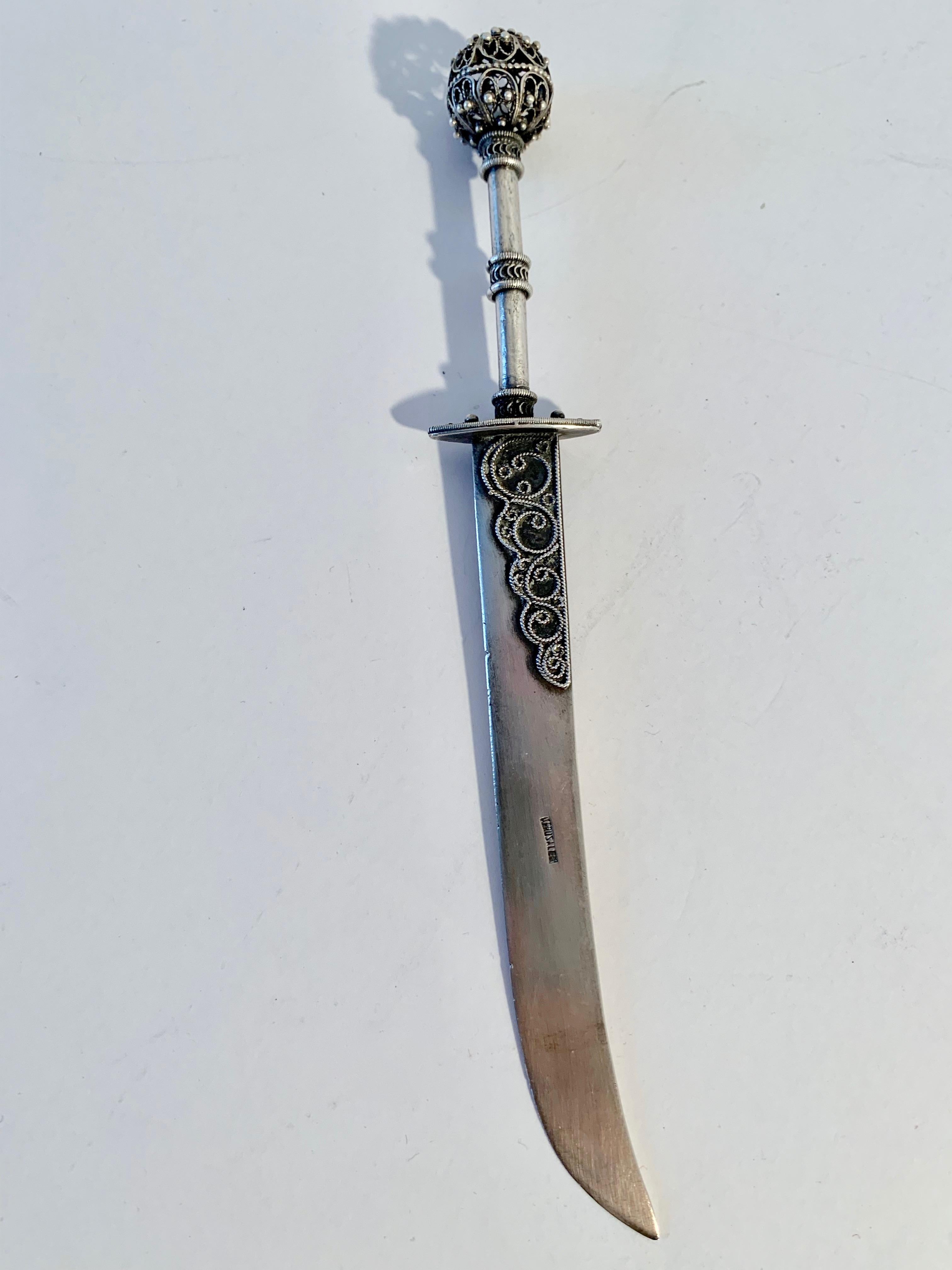 20th Century 900 Silver Filagree  Dagger Style Letter Opener