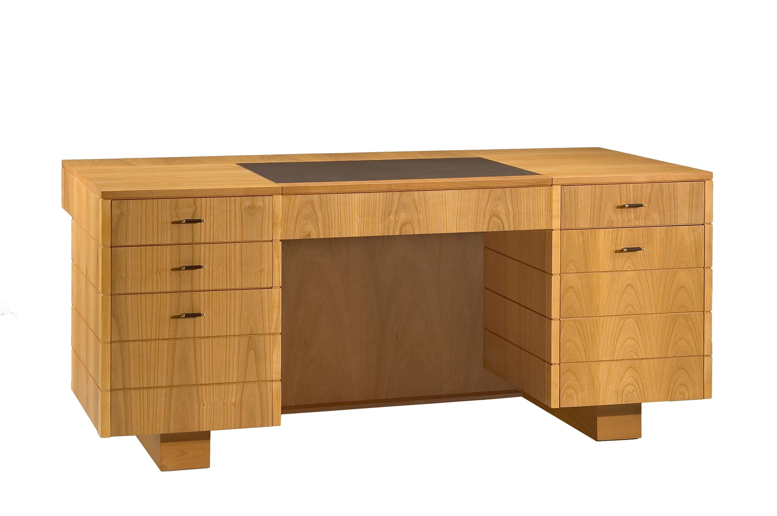 Hand-Crafted '900 Style Wooden Desk in Cherry Wood with Leather Top and Drawers, by Morelato
