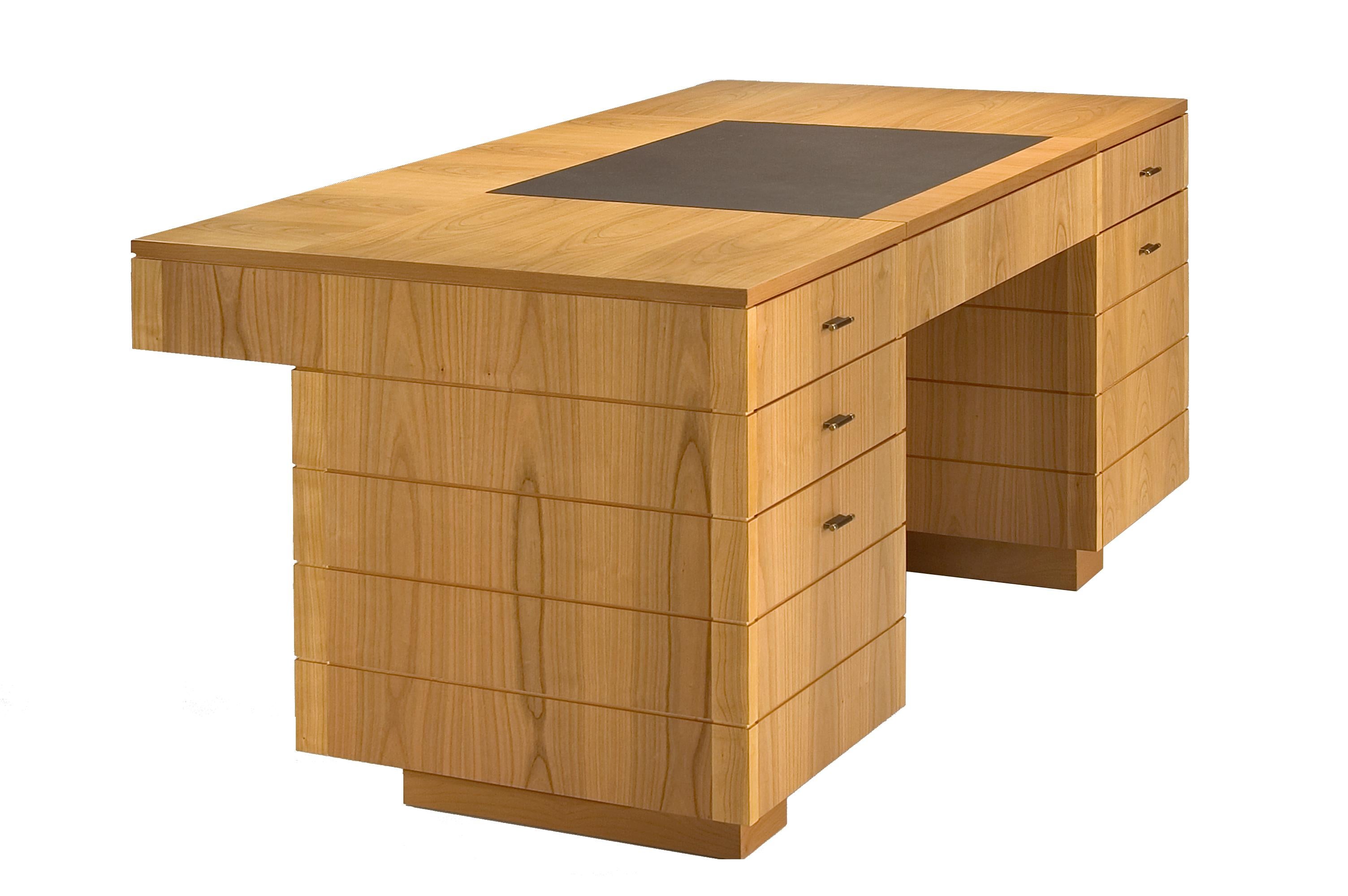 Contemporary '900 Style Wooden Desk in Cherry Wood with Leather Top and Drawers, by Morelato
