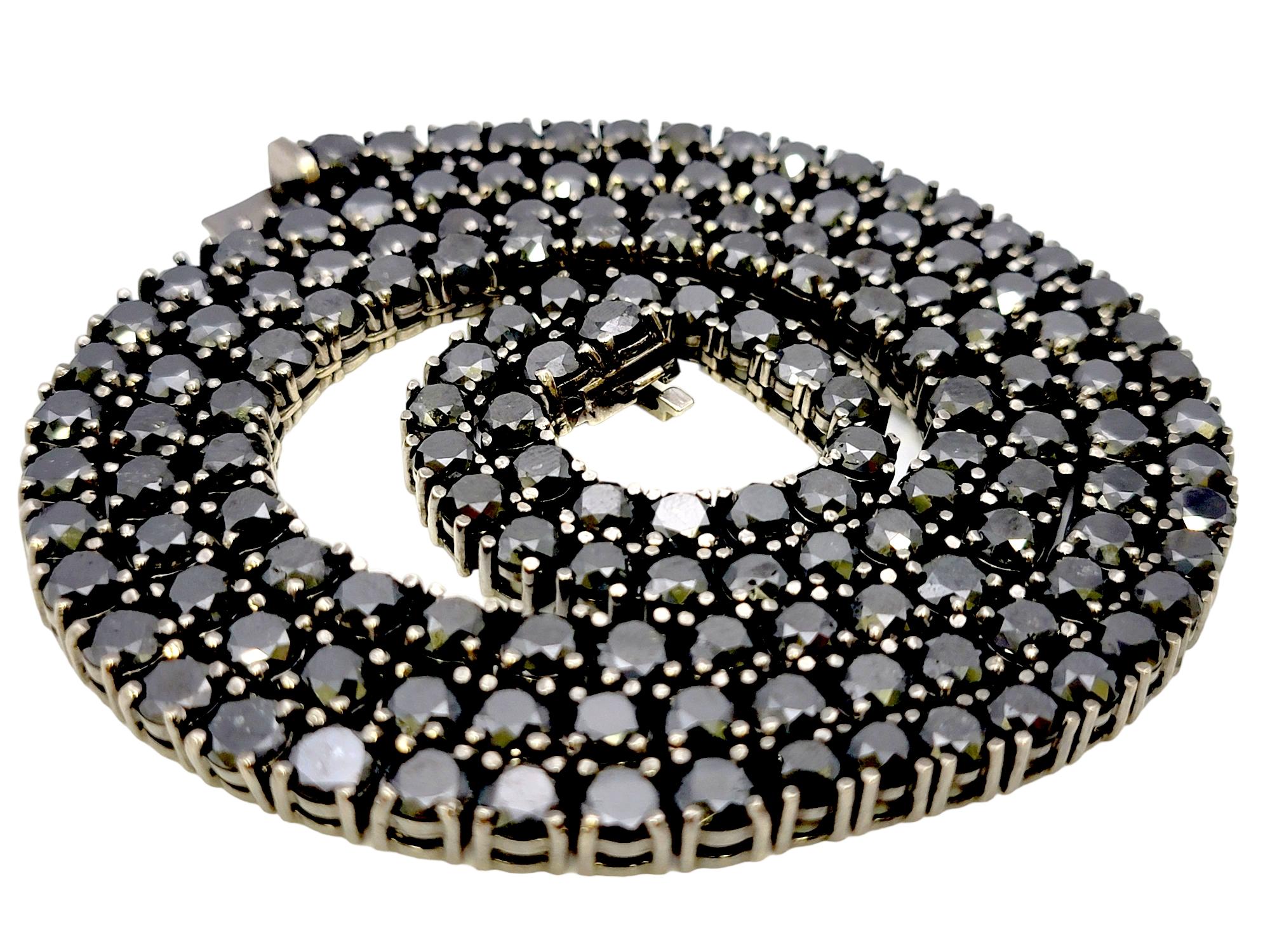 90.00 Carats Total Round Black Diamond Tennis Necklace Unisex 10 Karat Gold For Sale 5