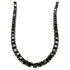 90.00 Carats Total Round Black Diamond Tennis Necklace 32.5" Long 10 Karat Gold