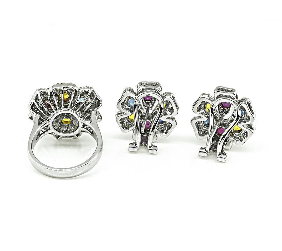 9.00ct Multi Color Sapphire 3.60ct Diamond Ring and Earrings Set In Good Condition For Sale In New York, NY