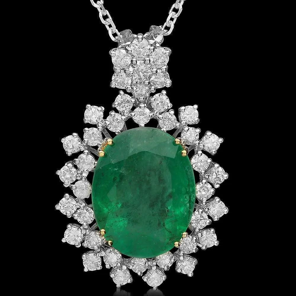 Mixed Cut 9.00ct Natural Emerald and Diamond 14K White & Yellow Gold Pendant For Sale