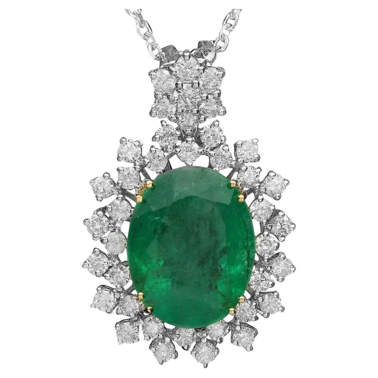 9.00ct Natural Emerald and Diamond 14K White & Yellow Gold Pendant For Sale