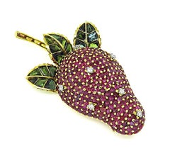 9.00ct Ruby 0.25ct Diamond Citrine Tourmaline 18k Gold Strawberry Pin