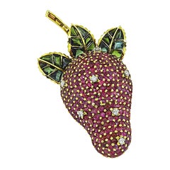 9.00ct Ruby 0.25ct Diamond Citrine Tourmaline 18k Gold Strawberry Pin