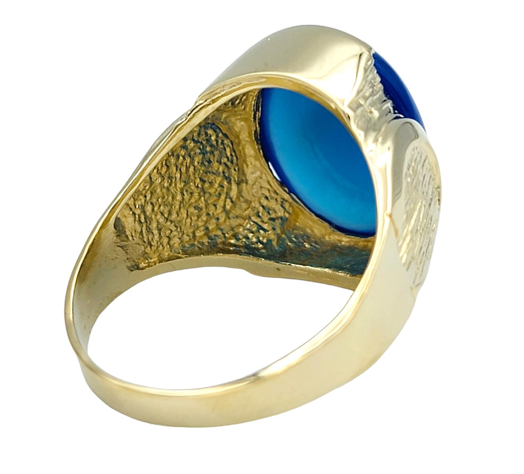 Oval Cut 9.01 Carat Dyed Blue Chalcedony Cabochon Cocktail Ring in 14 Karat Yellow Gold For Sale