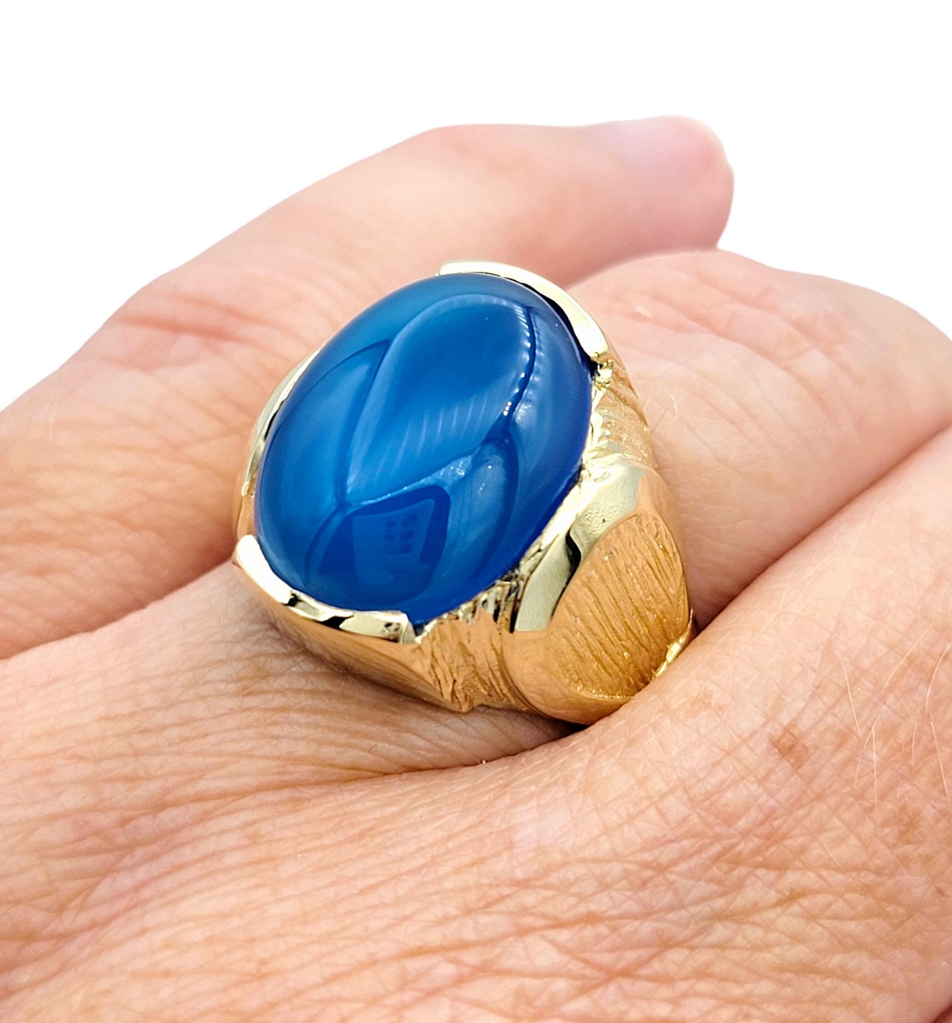 Women's 9.01 Carat Dyed Blue Chalcedony Cabochon Cocktail Ring in 14 Karat Yellow Gold For Sale