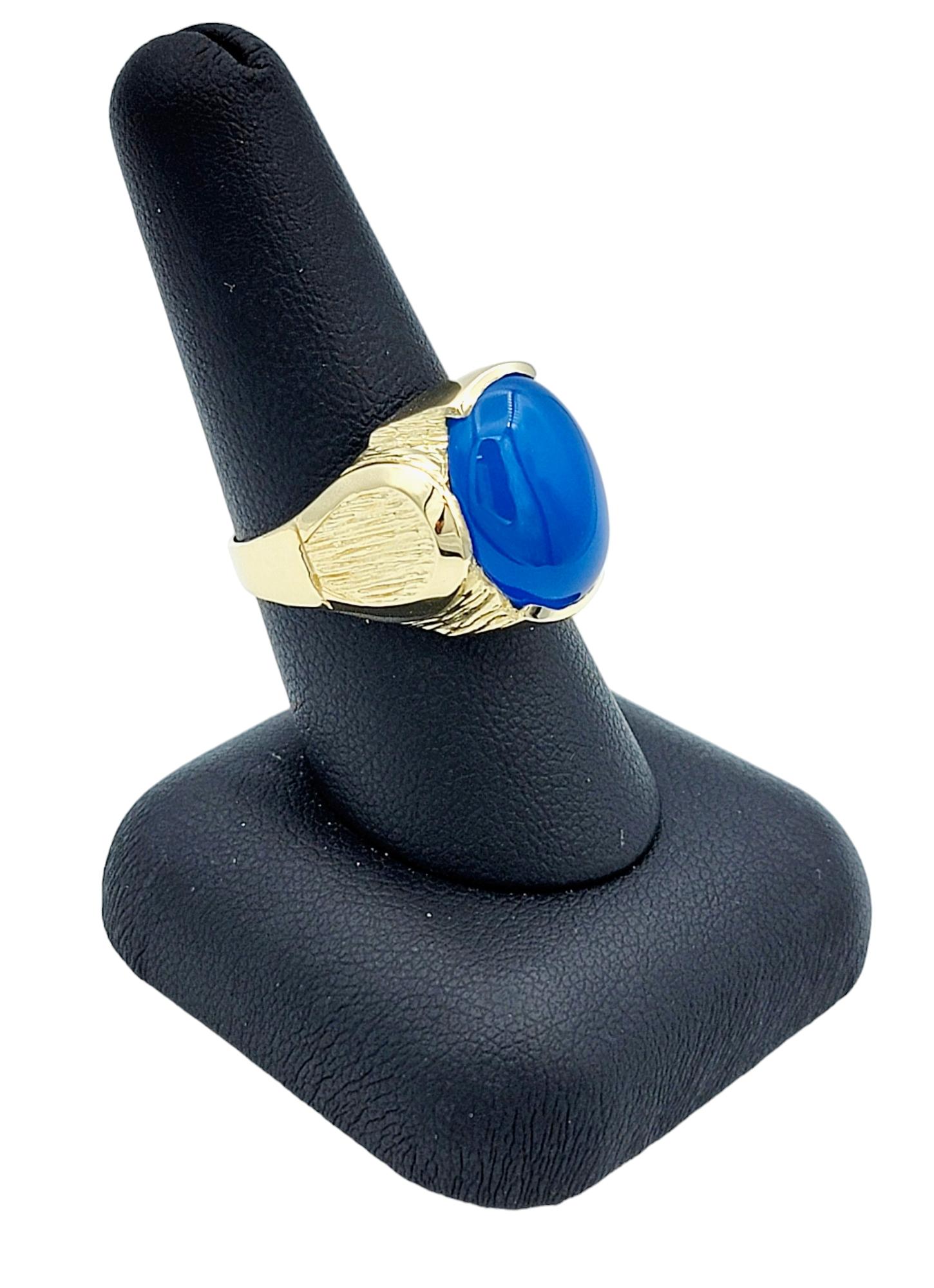 9.01 Carat Dyed Blue Chalcedony Cabochon Cocktail Ring in 14 Karat Yellow Gold For Sale 2