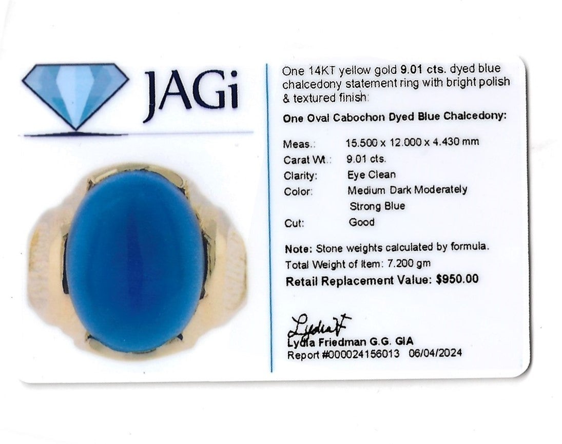 9.01 Carat Dyed Blue Chalcedony Cabochon Cocktail Ring in 14 Karat Yellow Gold For Sale 3