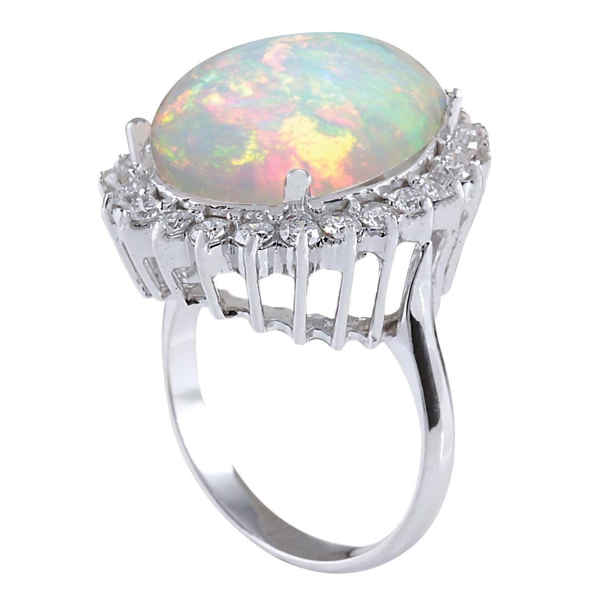 Oval Cut Natural Opal Diamond Ring In 14 Karat White Gold  For Sale