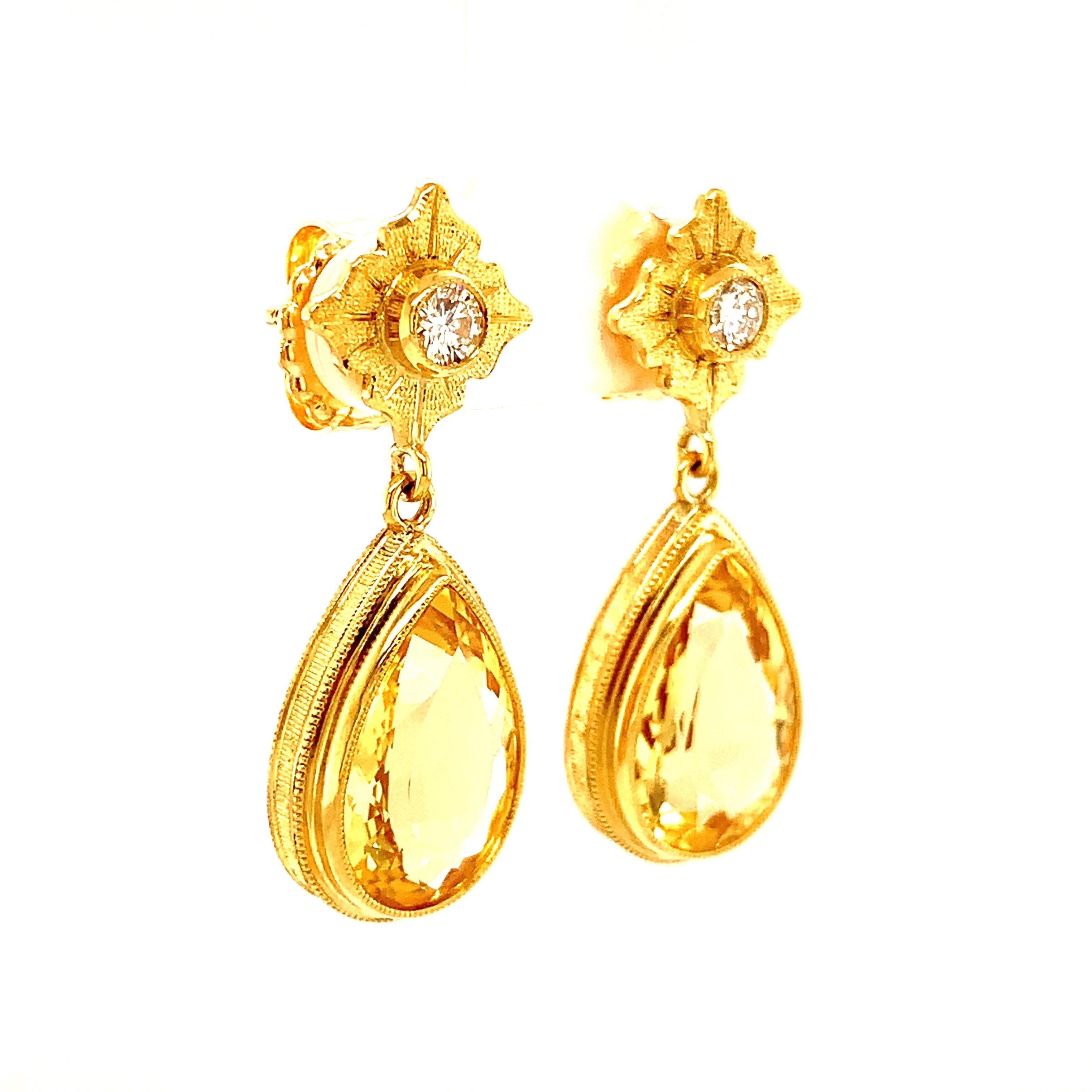 Pear Cut 13.88 Carat Total Golden Beryl and Diamond Drop Dangle Yellow Gold Earrings
