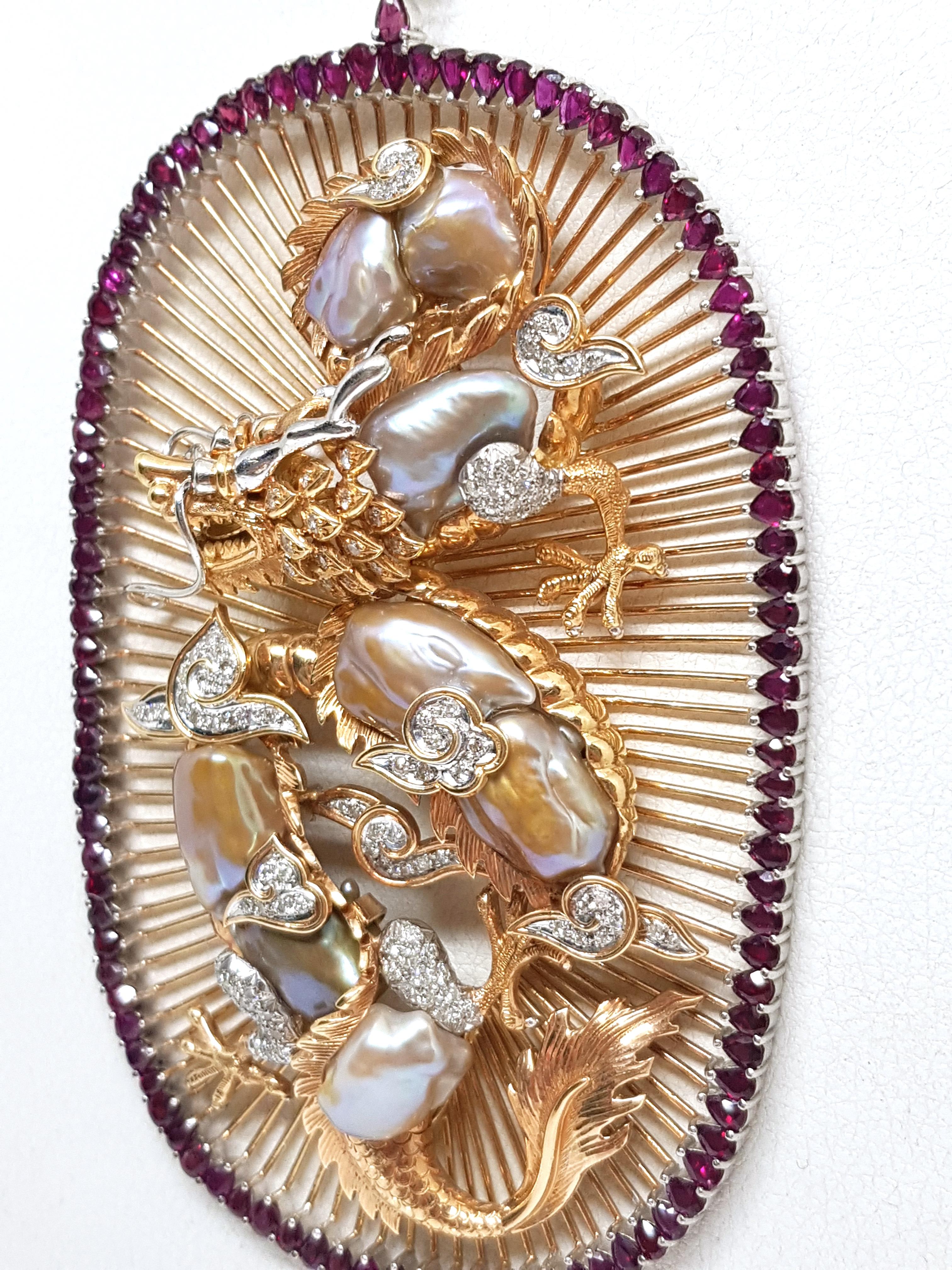 Women's 9.01 Carat Vintage Yellow White Gold Ruby Diamond Pearl Dragon Necklace Pendant For Sale