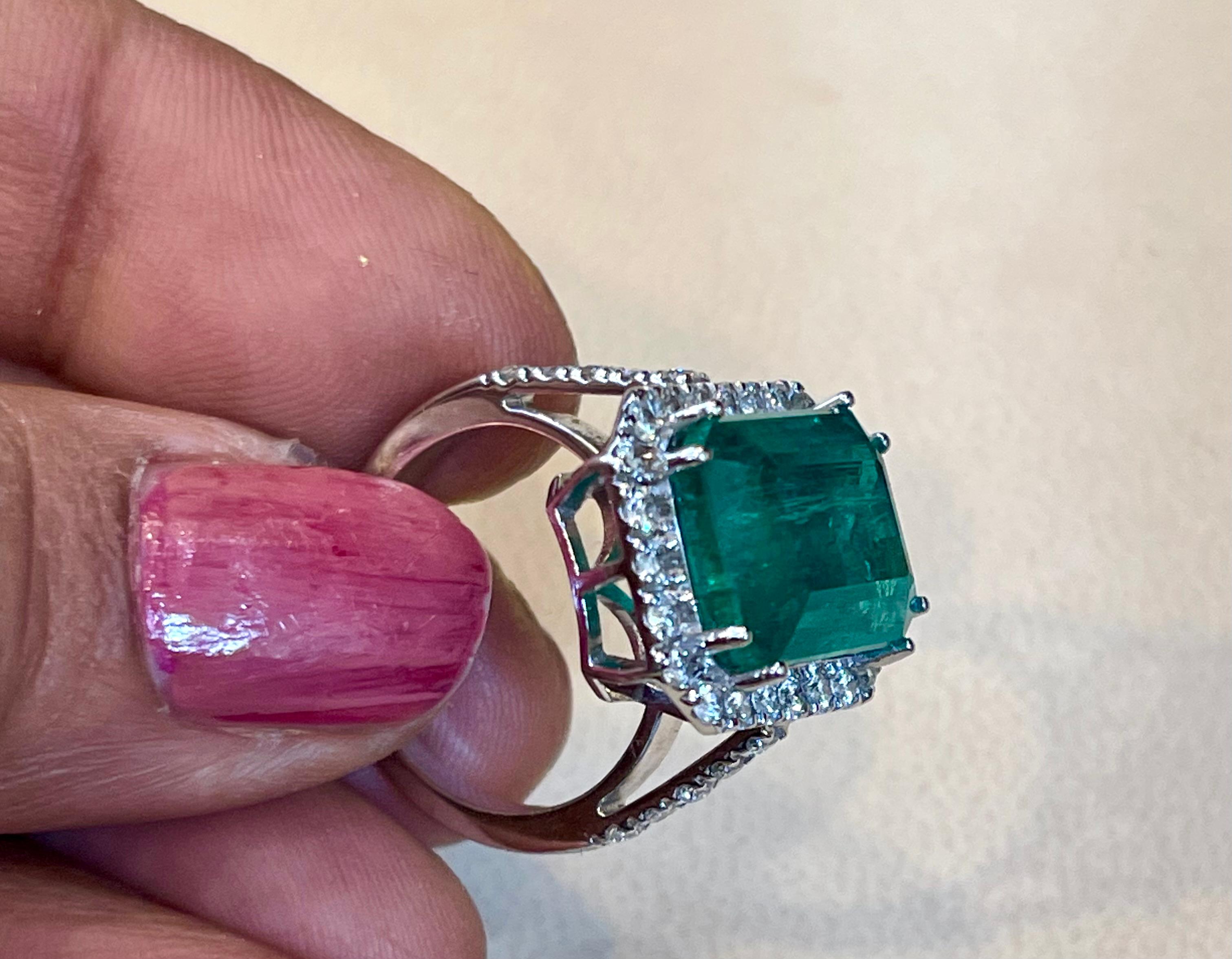 9.01 Carats Natural Zambian Emerald Ring & 0.83 Carats Diamonds  14K White Gold 4