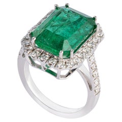 9.01 Carats Natural Zambian Emerald Ring & 0.83 Carats Diamonds  14K White Gold