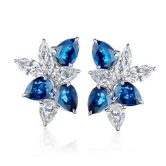 9.52 Carats Sapphire and Pear Shaped Diamond Cluster Earring