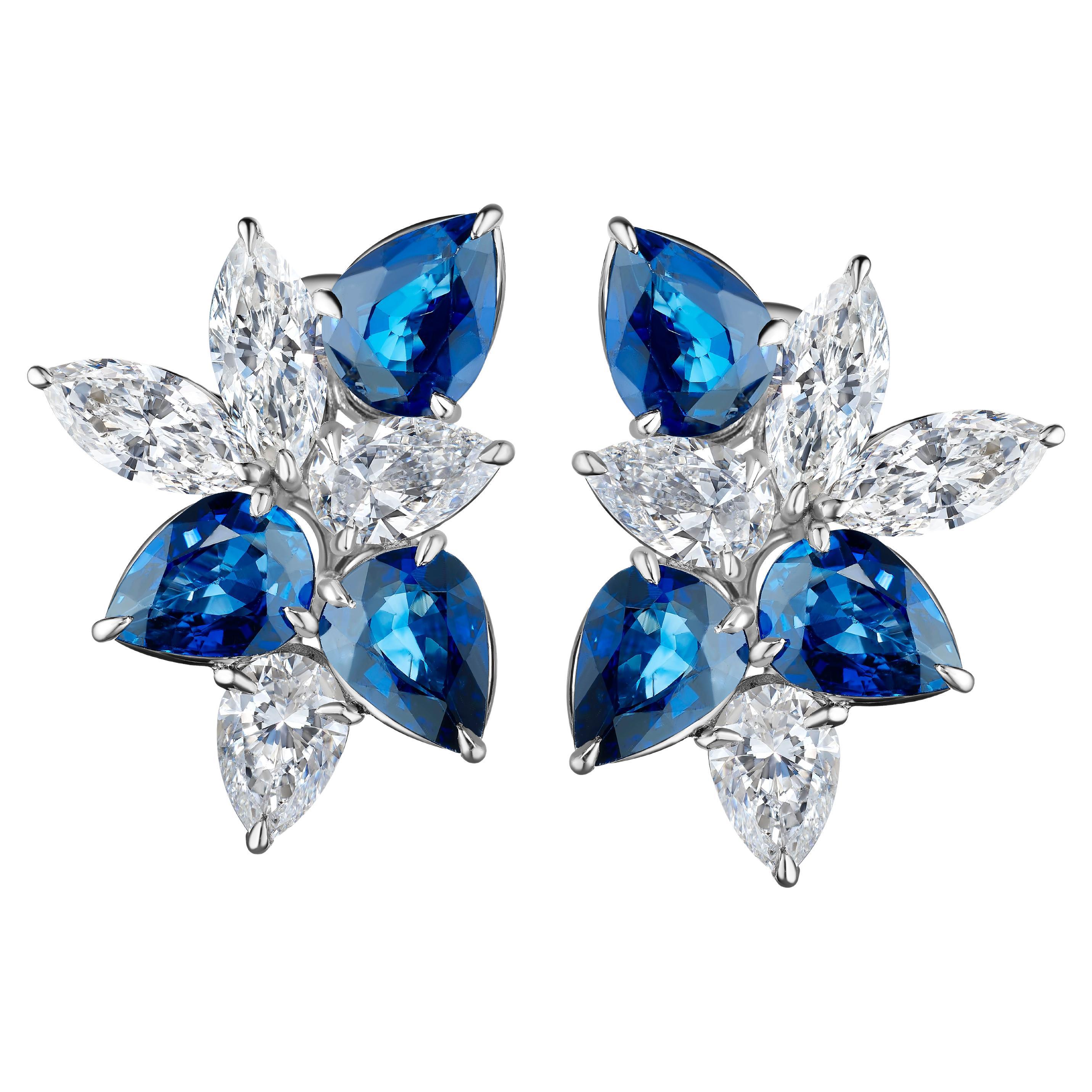 9.52 Carats Sapphire and Pear Shaped Diamond Cluster Earring