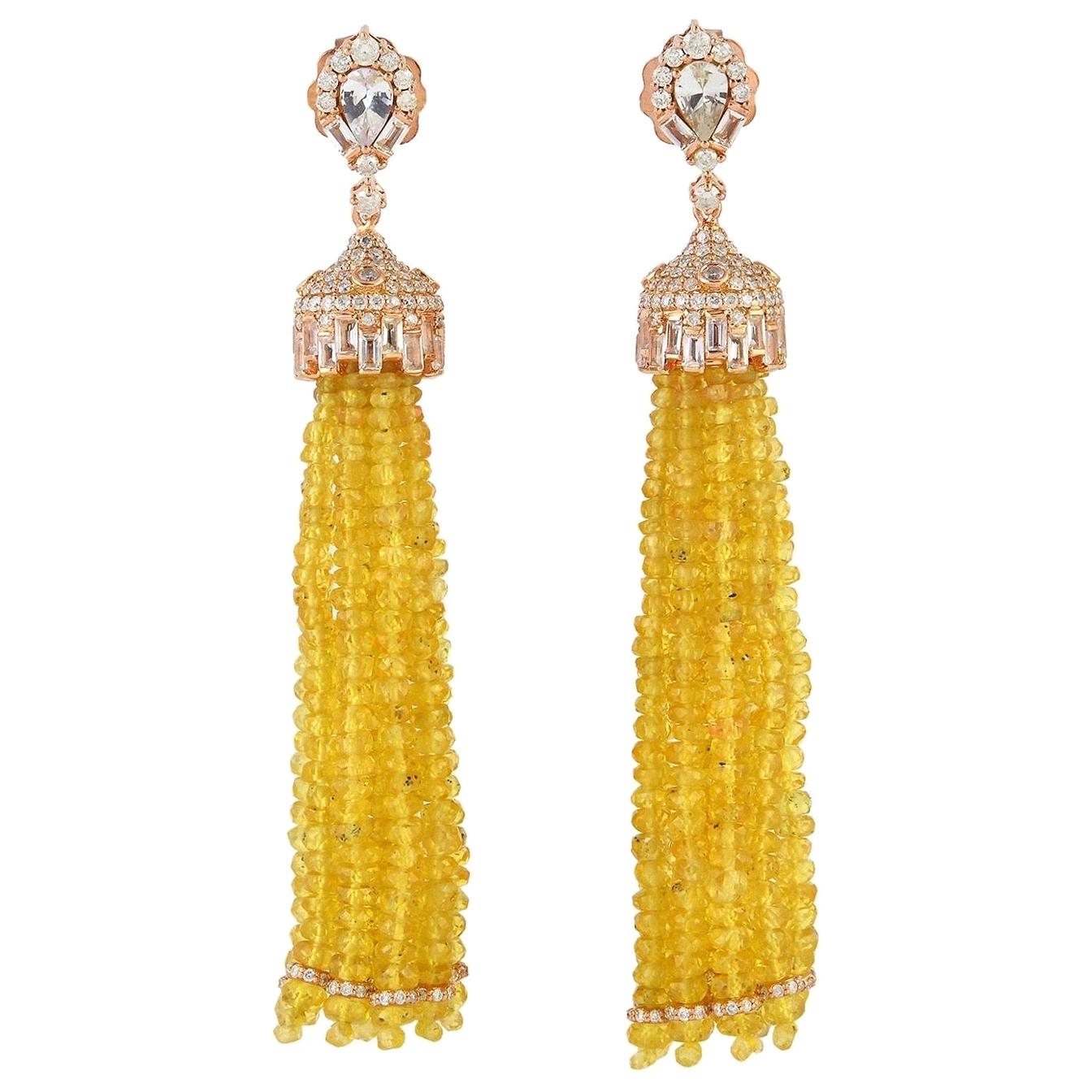 90.11 Carat Yellow Sapphire Diamond 18 Karat Gold Tassel Earrings