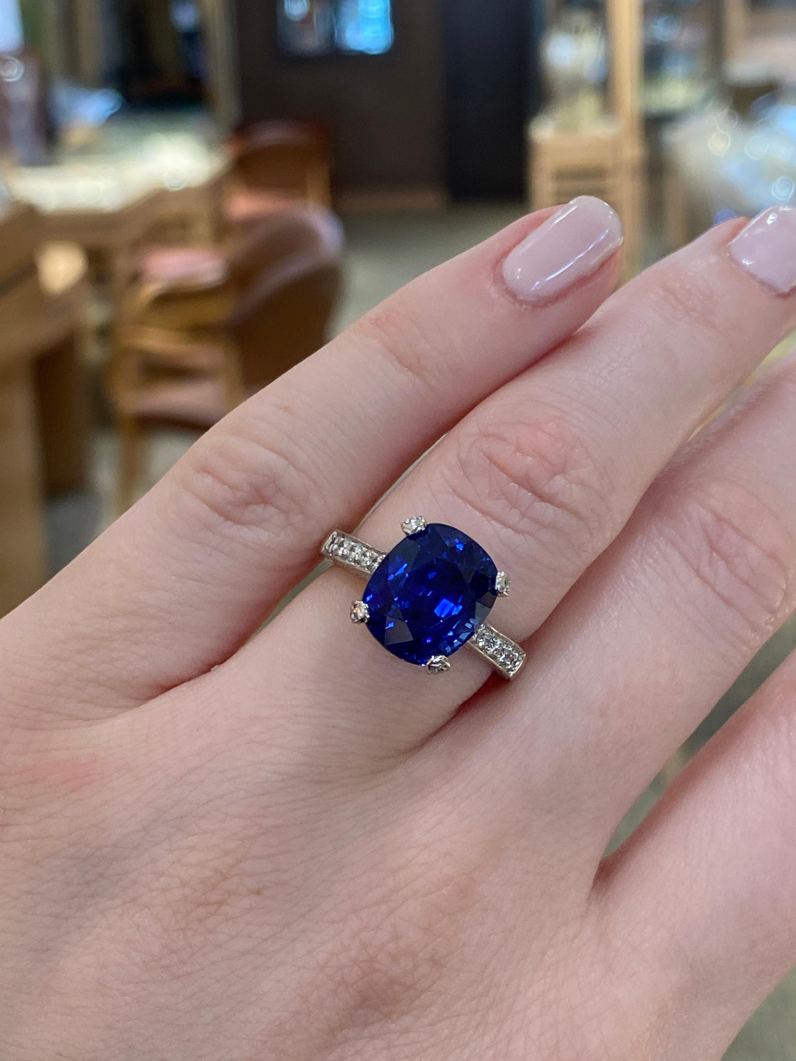 Cushion Cut 9.02 Carat Blue Sapphire and Diamond Ring in Platinum