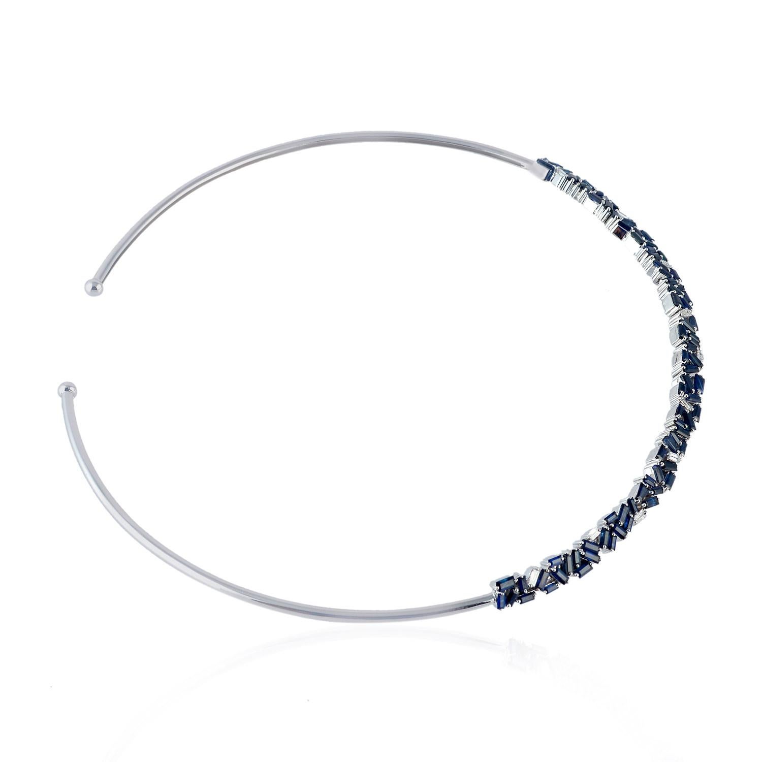 Mixed Cut 9.02 ct Baguette Shaped Blue Sapphire Choker Necklace Made In 18k White Gold For Sale