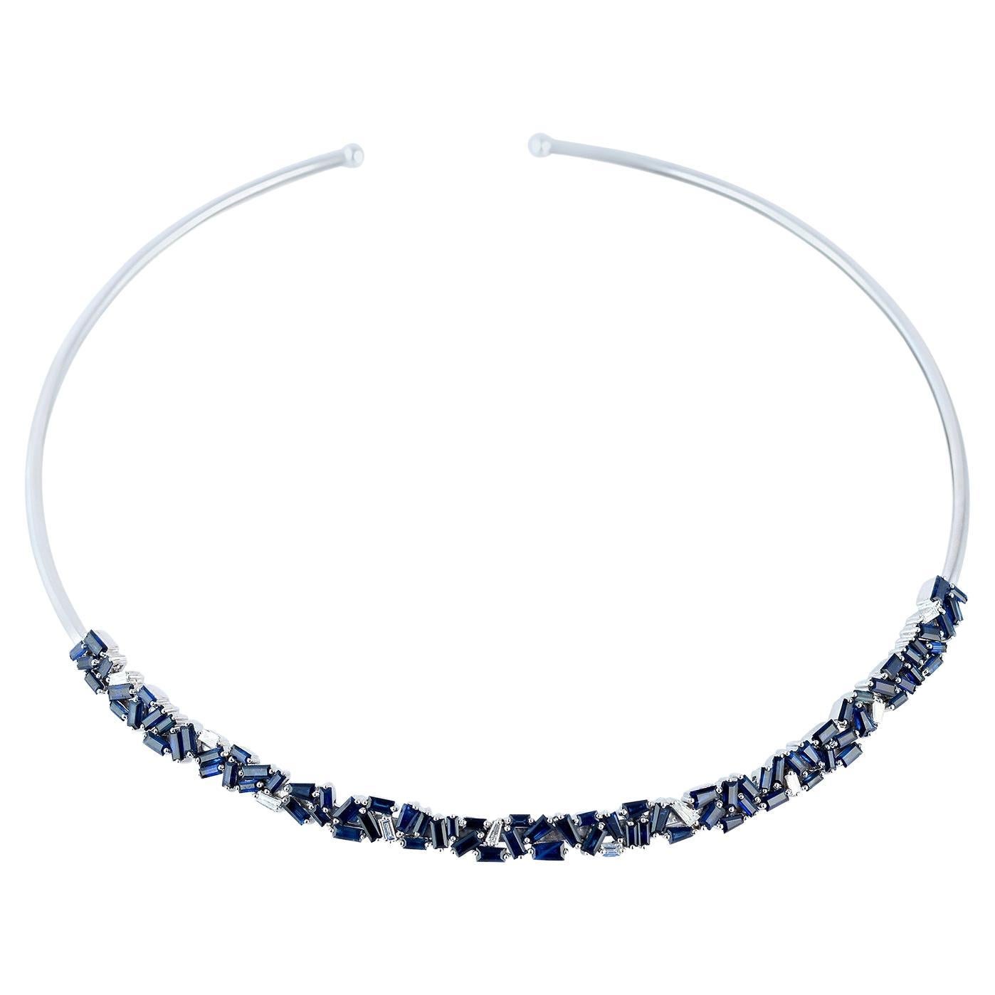 9.02 ct Baguette Shaped Blue Sapphire Choker Necklace Made In 18k White Gold For Sale