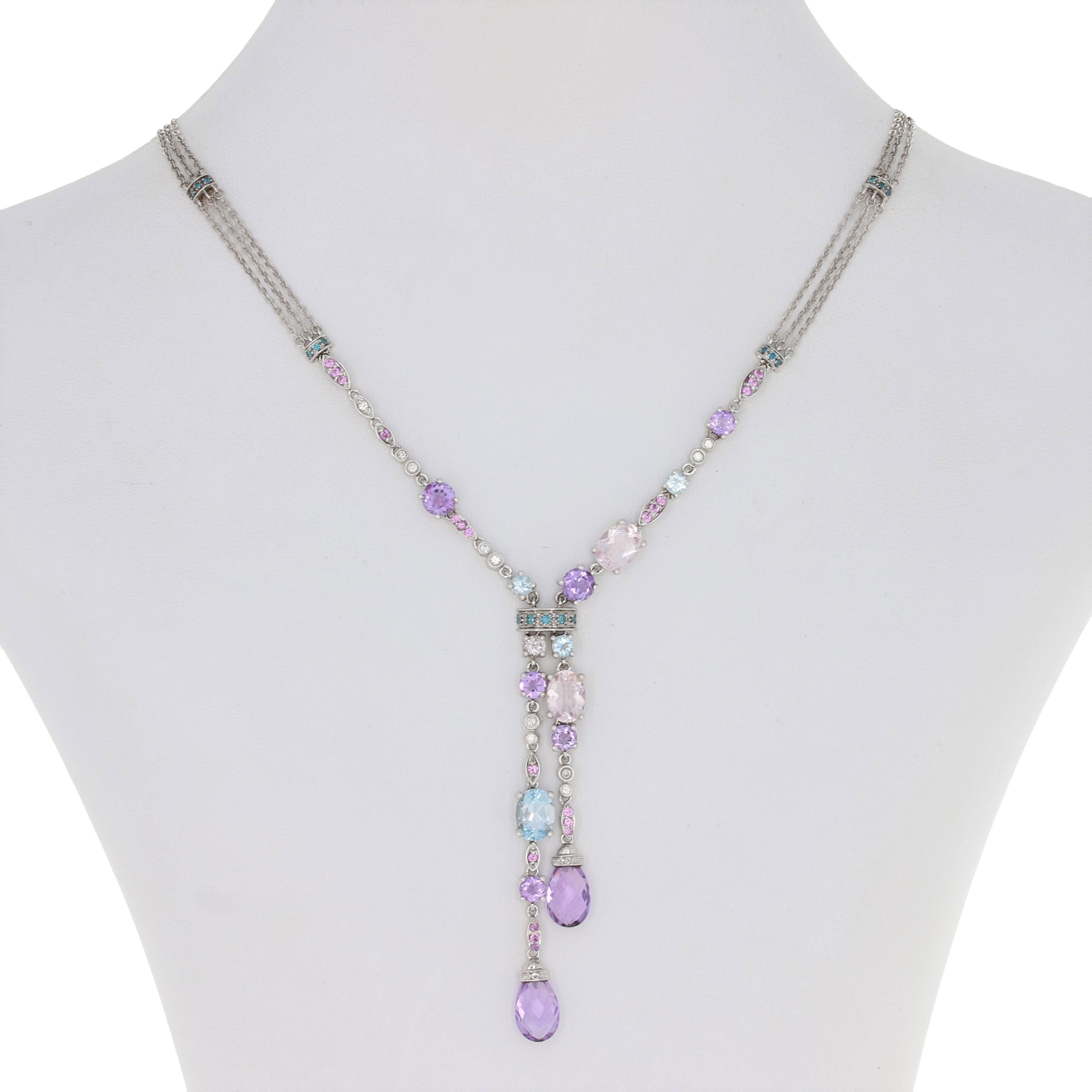 Treat yourself to something sweet with this dazzling creation! Crafted in 18k white gold, this triple-strand cable chain necklace features icy blue topaz, luminous Morganites, vivacious amethysts, glistening pink sapphires, and elegant diamonds