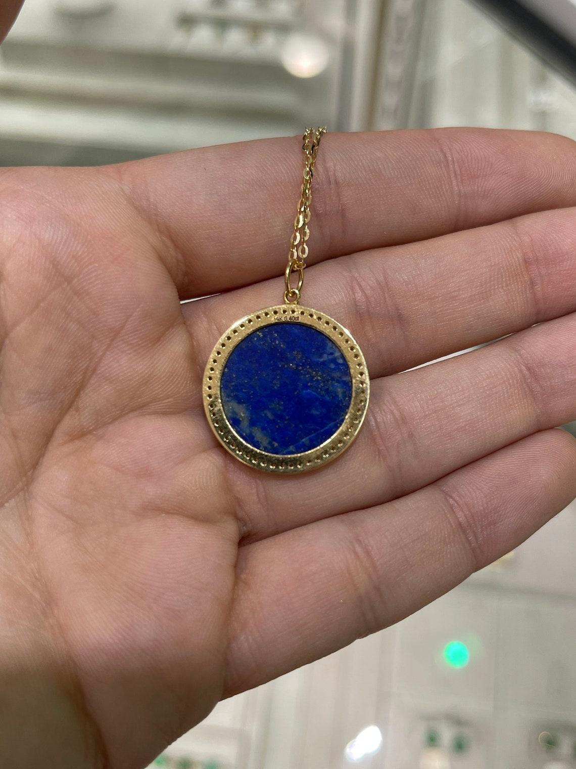 9,02tcw 14K natürlicher Lapislazuli-Lazuli Smaragd & Diamant Halo-Scheibenanhänger Medaillon mit Medaillon Damen im Angebot