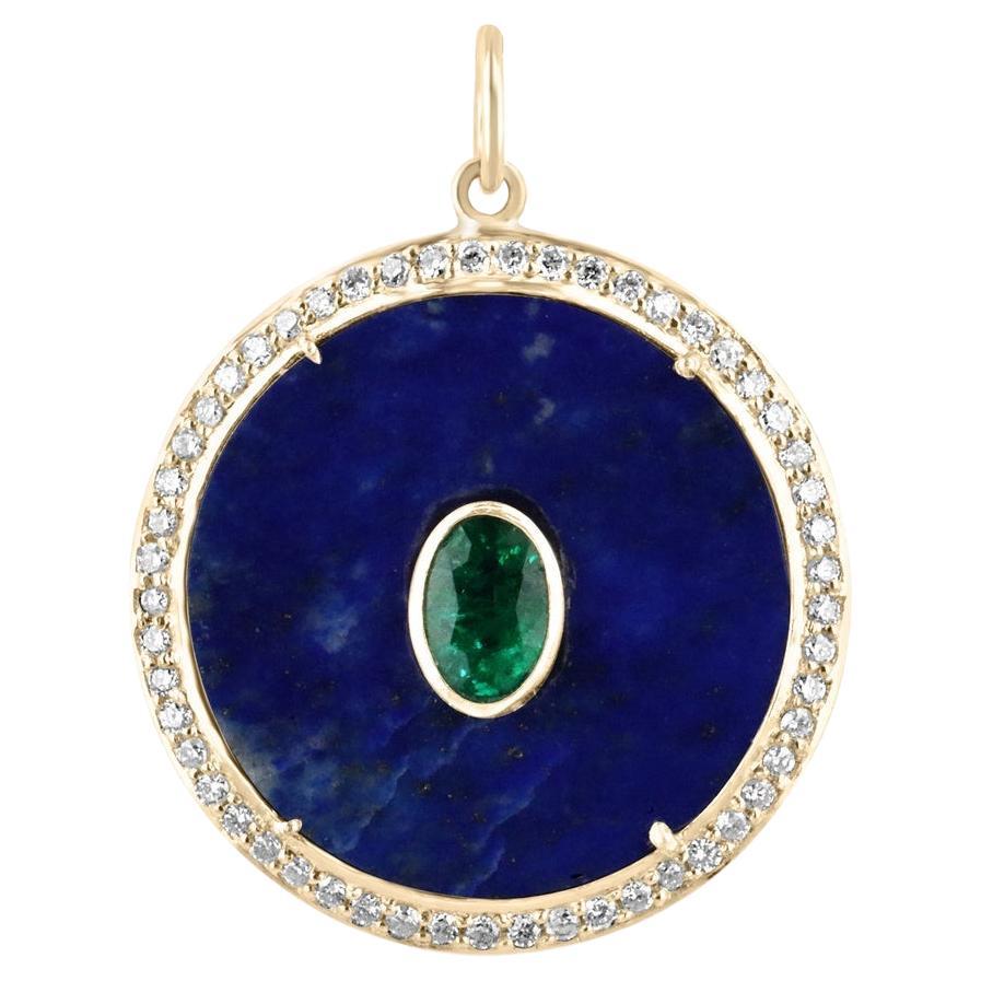 9,02tcw 14K natürlicher Lapislazuli-Lazuli Smaragd & Diamant Halo-Scheibenanhänger Medaillon mit Medaillon