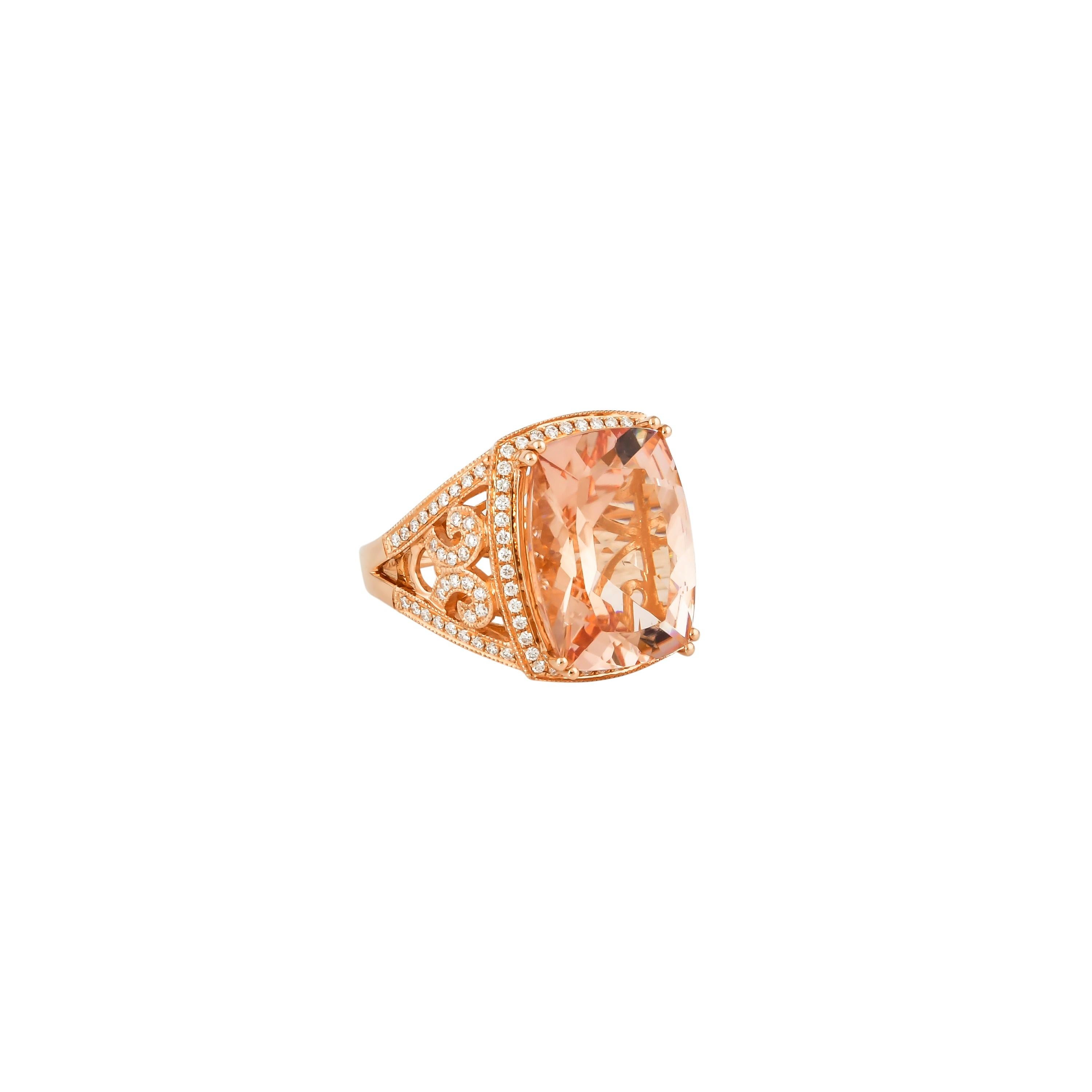 This collection features an array of magnificent morganites! Accented with diamonds these rings are made in rose gold and present a classic yet elegant look. 

Classic morganite ring in 18K rose gold with diamonds. 

Morganite: 9.03 carat cushion