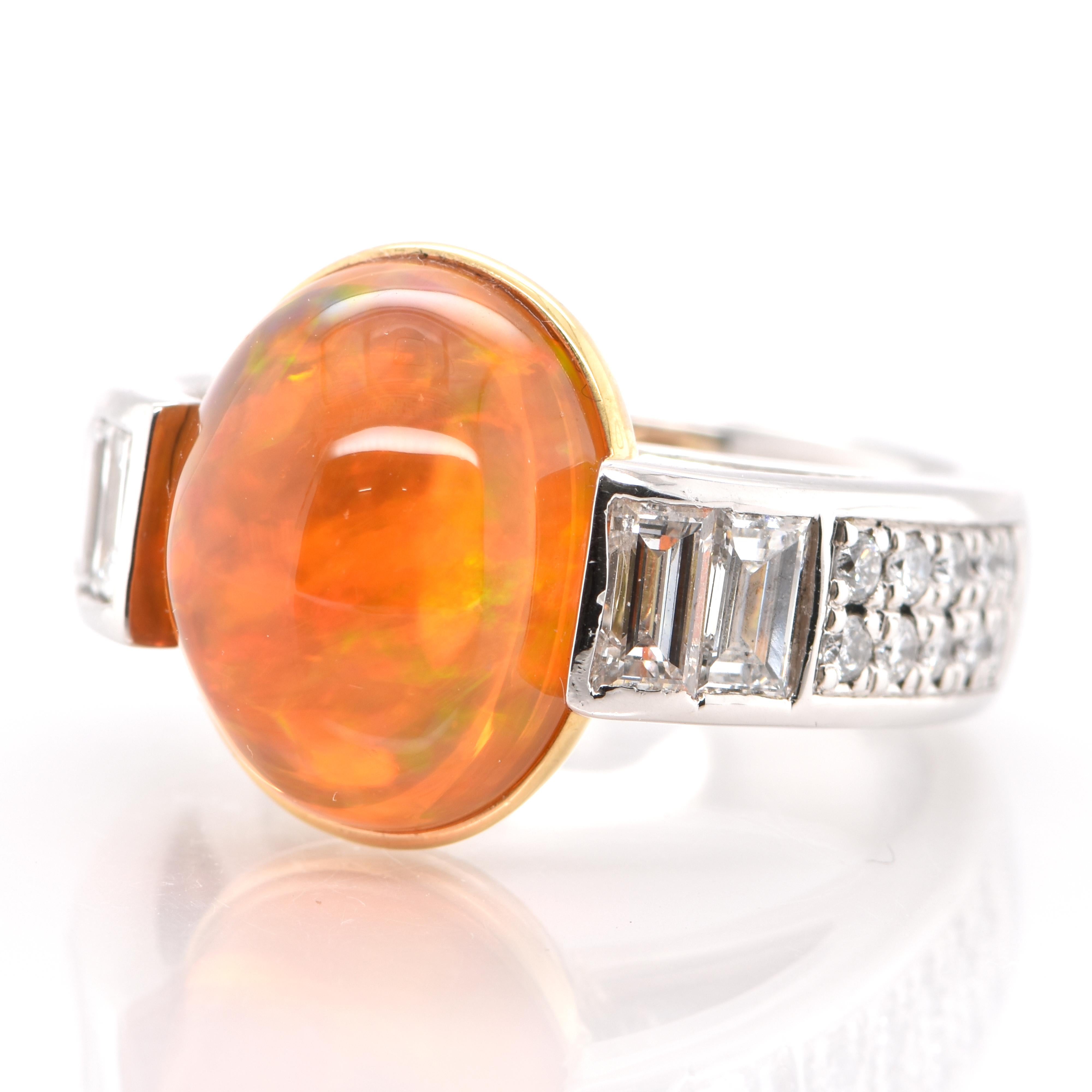 Cabochon 9.03 Carat, Natural Fire Opal and Diamond Cocktail Ring Set in Platinum and 18k