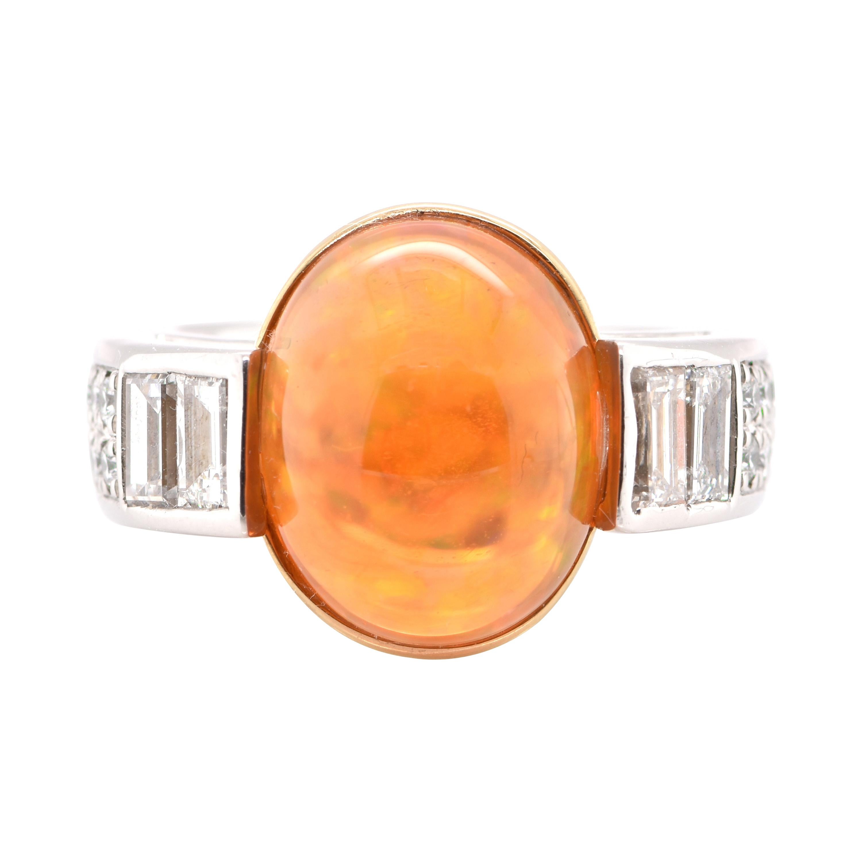 9.03 Carat, Natural Fire Opal and Diamond Cocktail Ring Set in Platinum and 18k