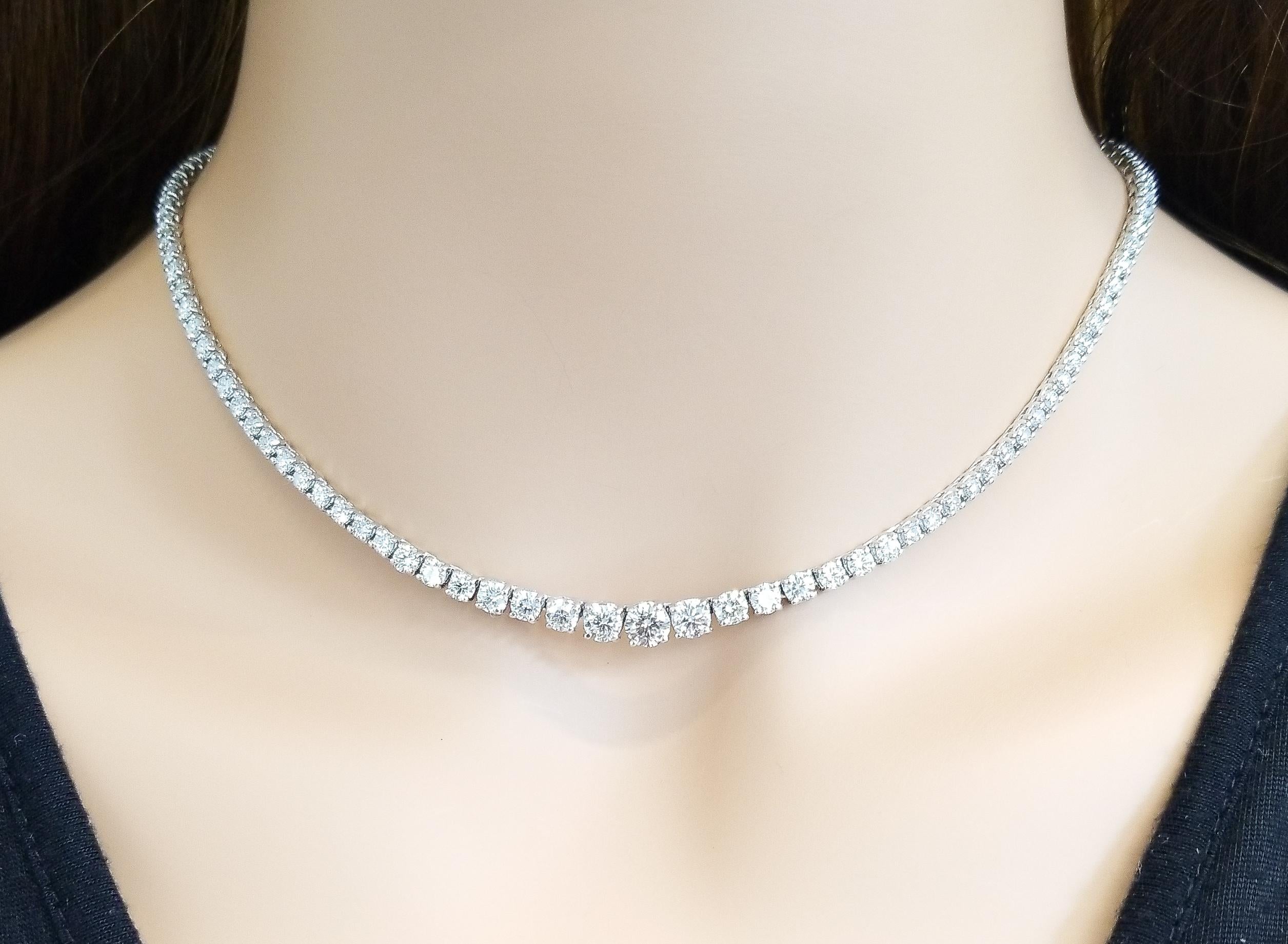 This is a riviera necklace that deserves attention. It's chic and timeless. Show-stopping in fire and brilliance, this incredible riviera necklace features 125 sparkling round brilliant cut diamonds that are skillfully prong set from end to end in a