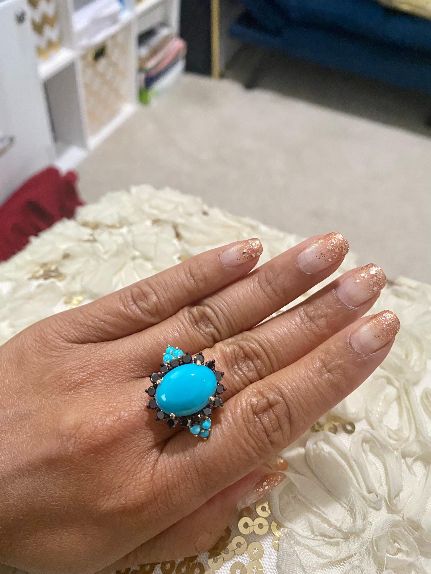 Turquoise Black Diamond Yellow Gold Cocktail Ring For Sale 4