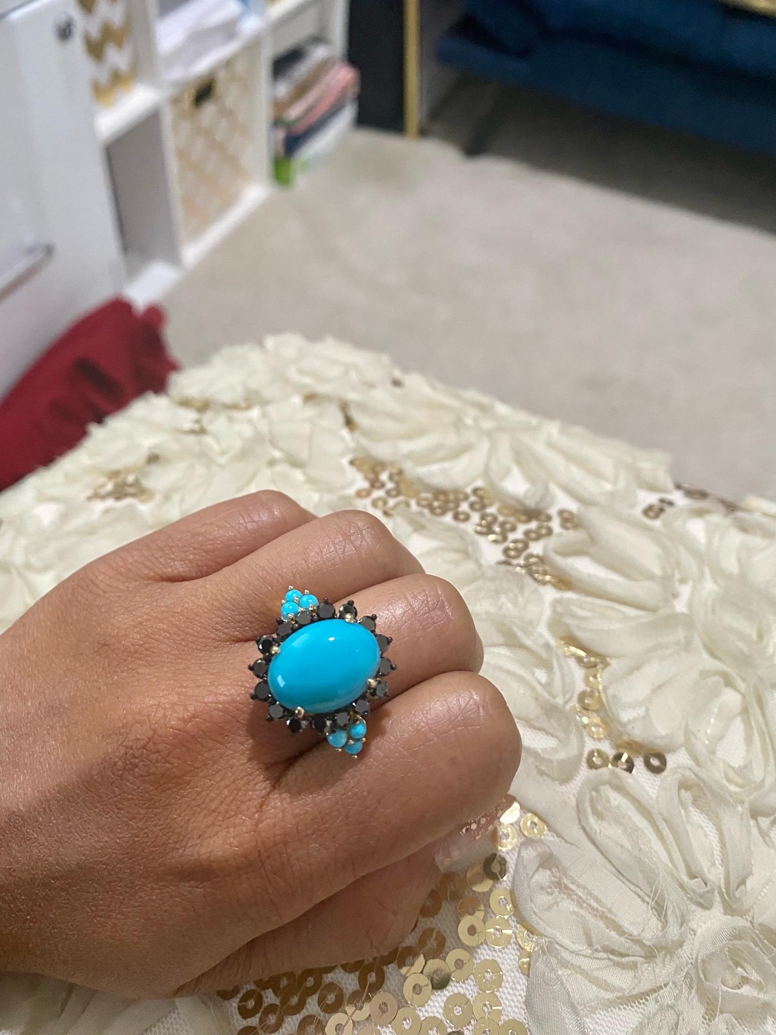 Turquoise Black Diamond Yellow Gold Cocktail Ring For Sale 5