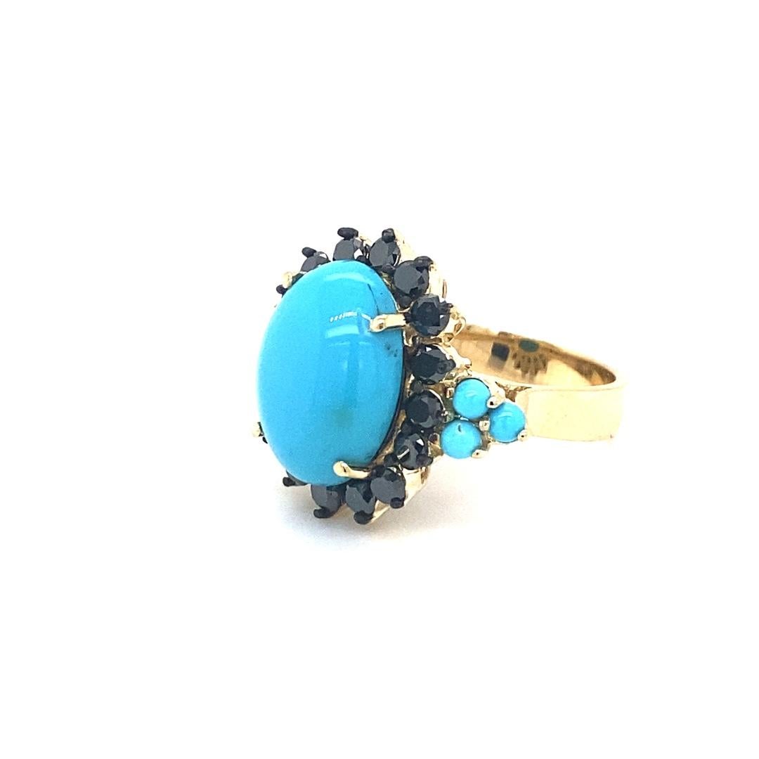 Art Deco Turquoise Black Diamond Yellow Gold Cocktail Ring For Sale