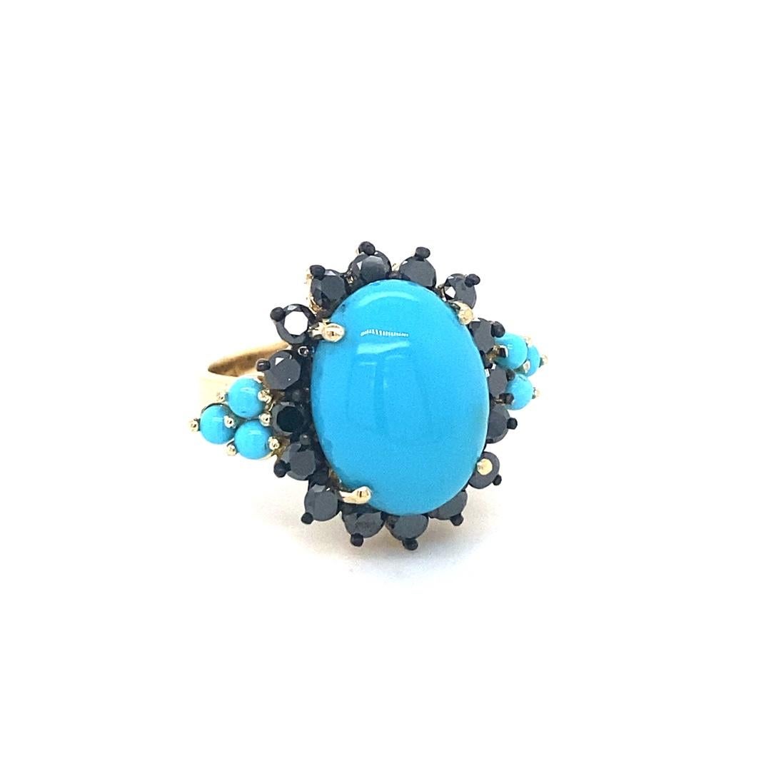 Oval Cut Turquoise Black Diamond Yellow Gold Cocktail Ring For Sale