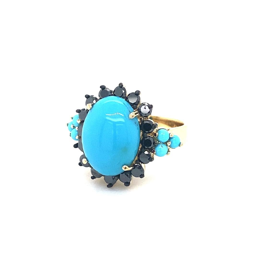 Turquoise Black Diamond Yellow Gold Cocktail Ring In New Condition For Sale In Los Angeles, CA
