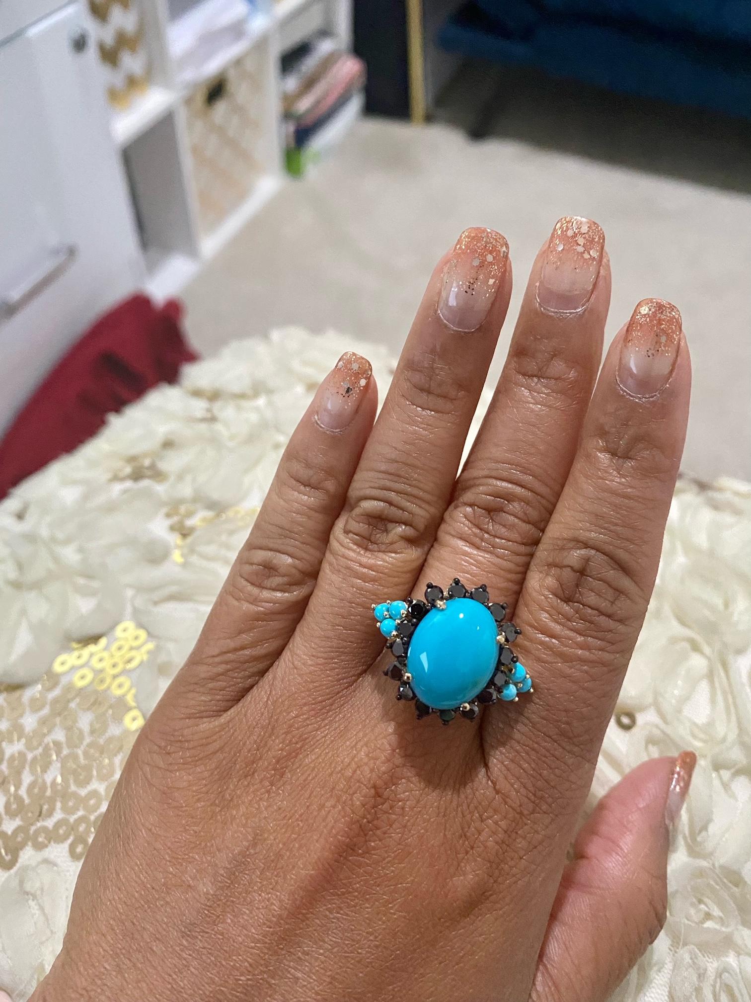 Women's Turquoise Black Diamond Yellow Gold Cocktail Ring For Sale