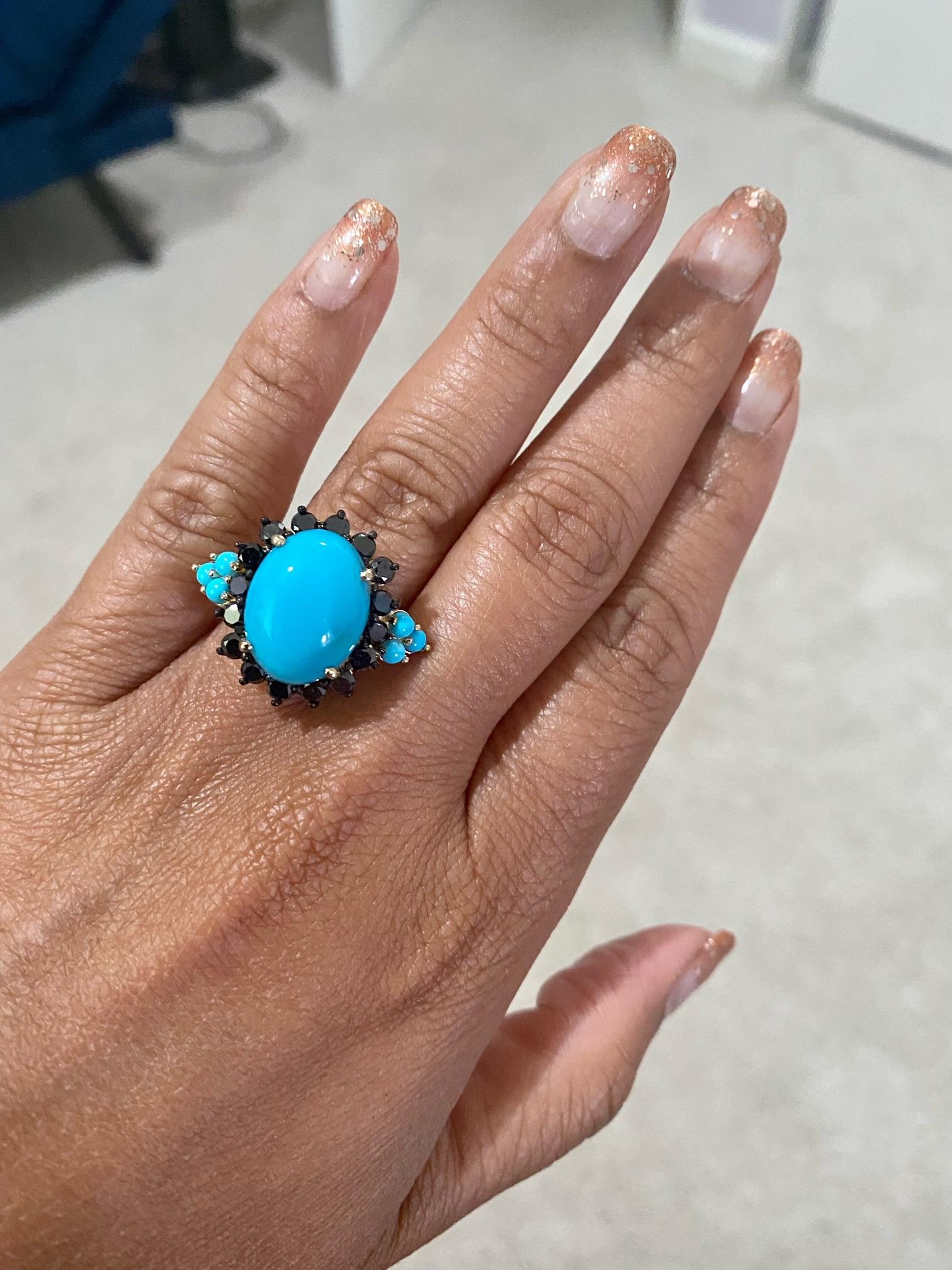 Turquoise Black Diamond Yellow Gold Cocktail Ring For Sale 1