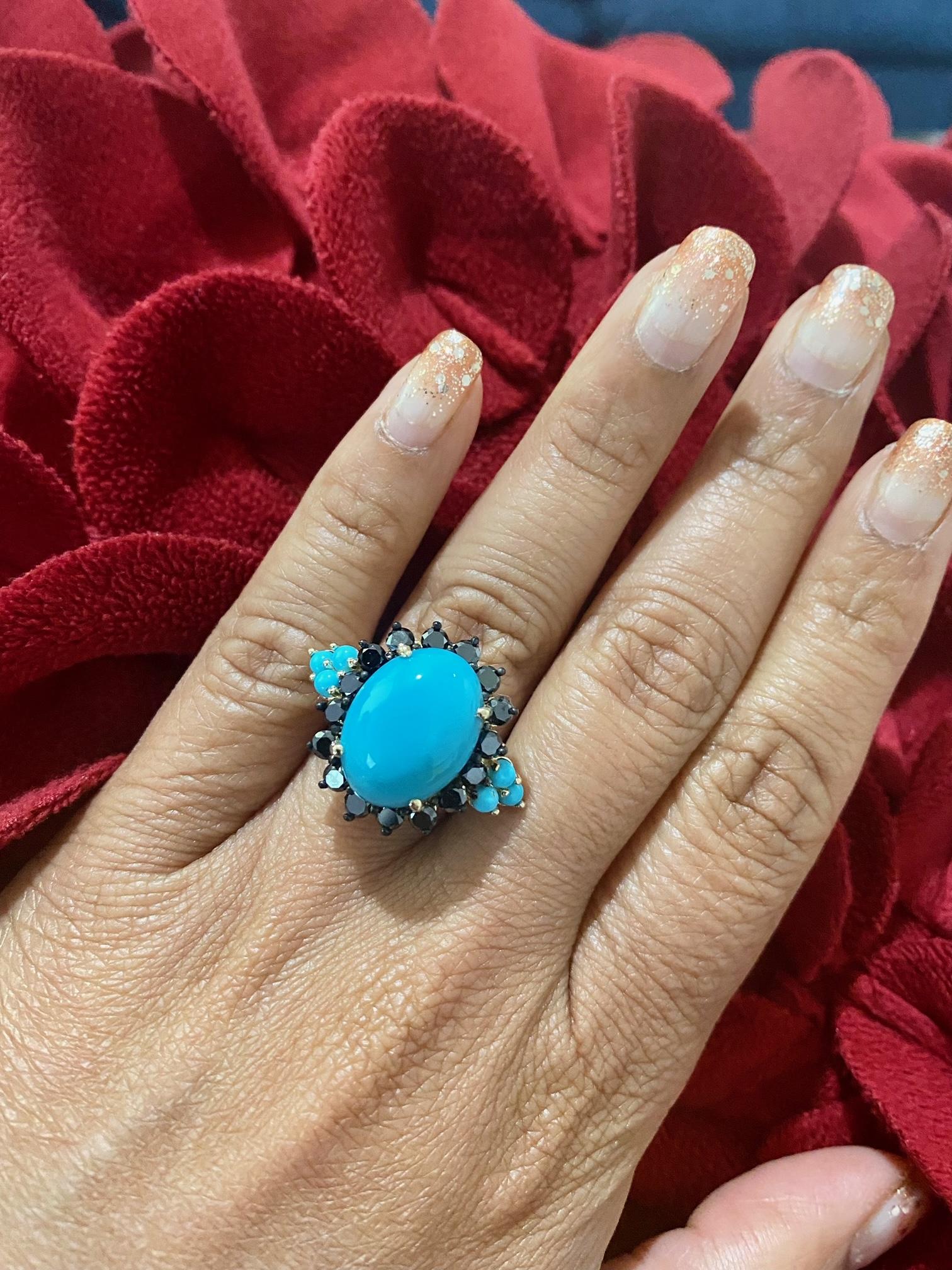 Turquoise Black Diamond Yellow Gold Cocktail Ring For Sale 2
