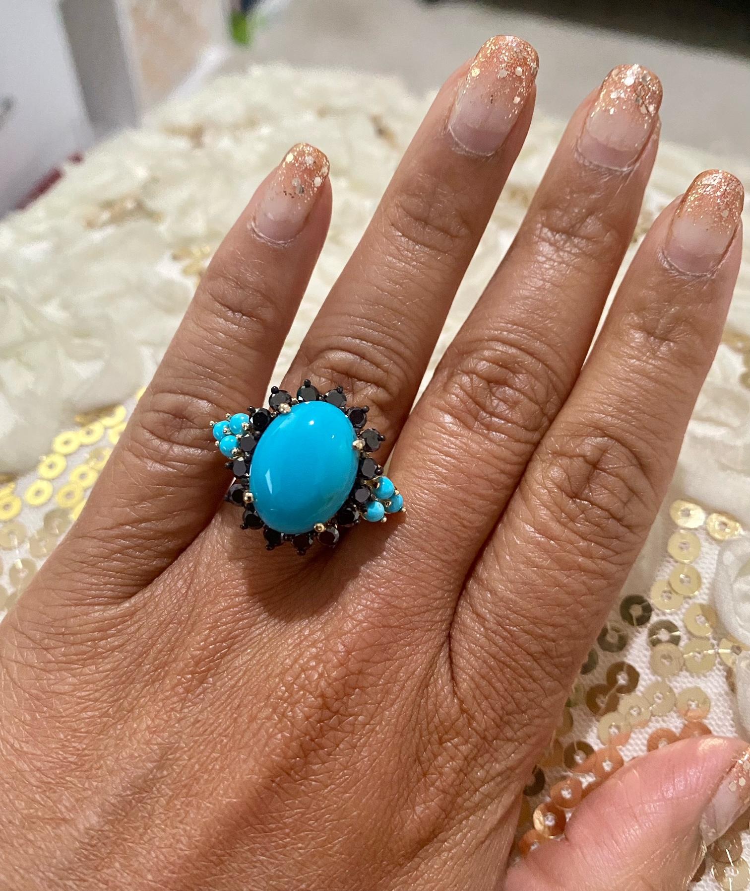 Turquoise Black Diamond Yellow Gold Cocktail Ring For Sale 3