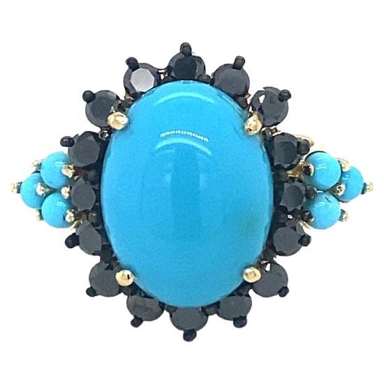 Turquoise Black Diamond Yellow Gold Cocktail Ring For Sale