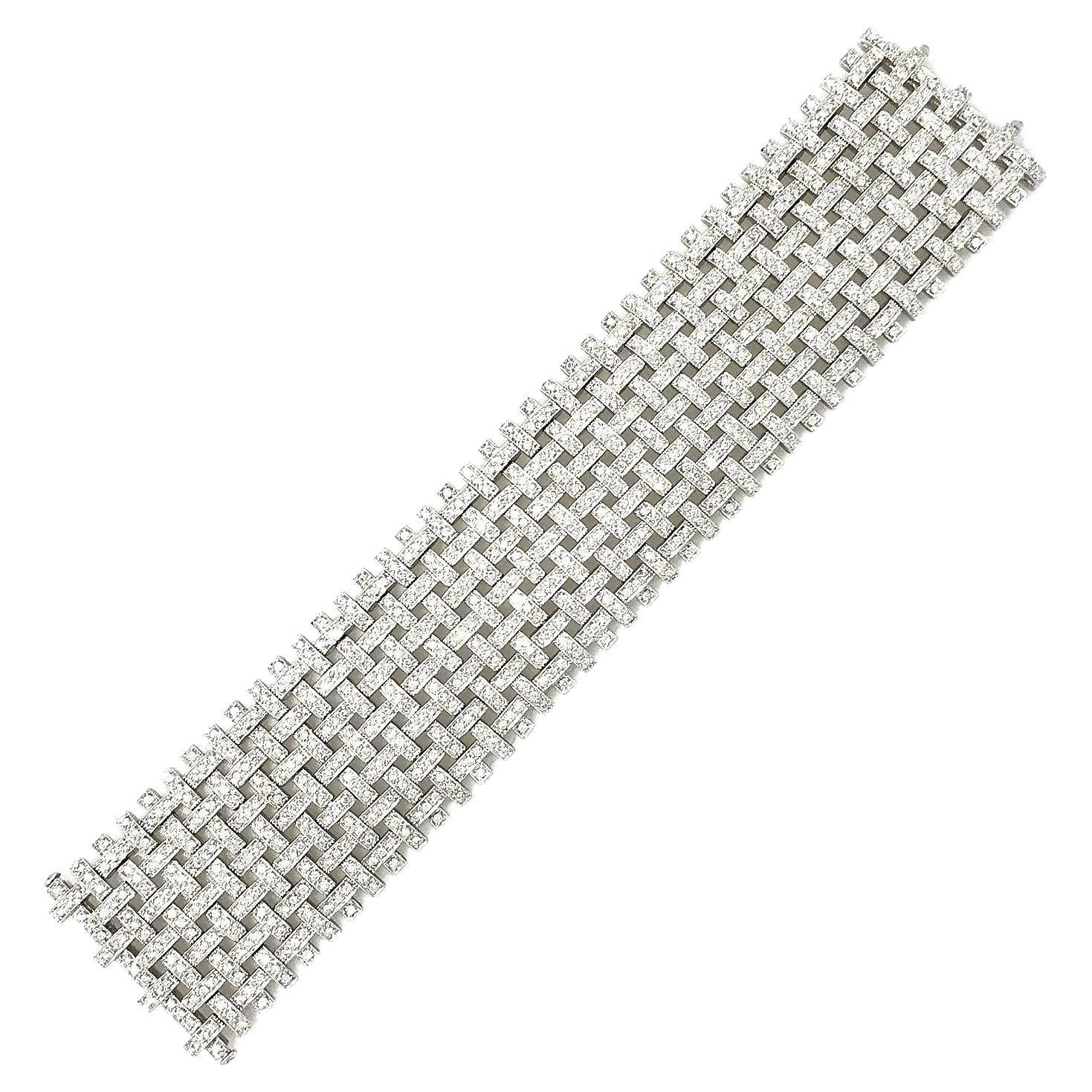 9.03 Carats Wide Basket Weave Diamond Bracelet in 18K White Gold For Sale