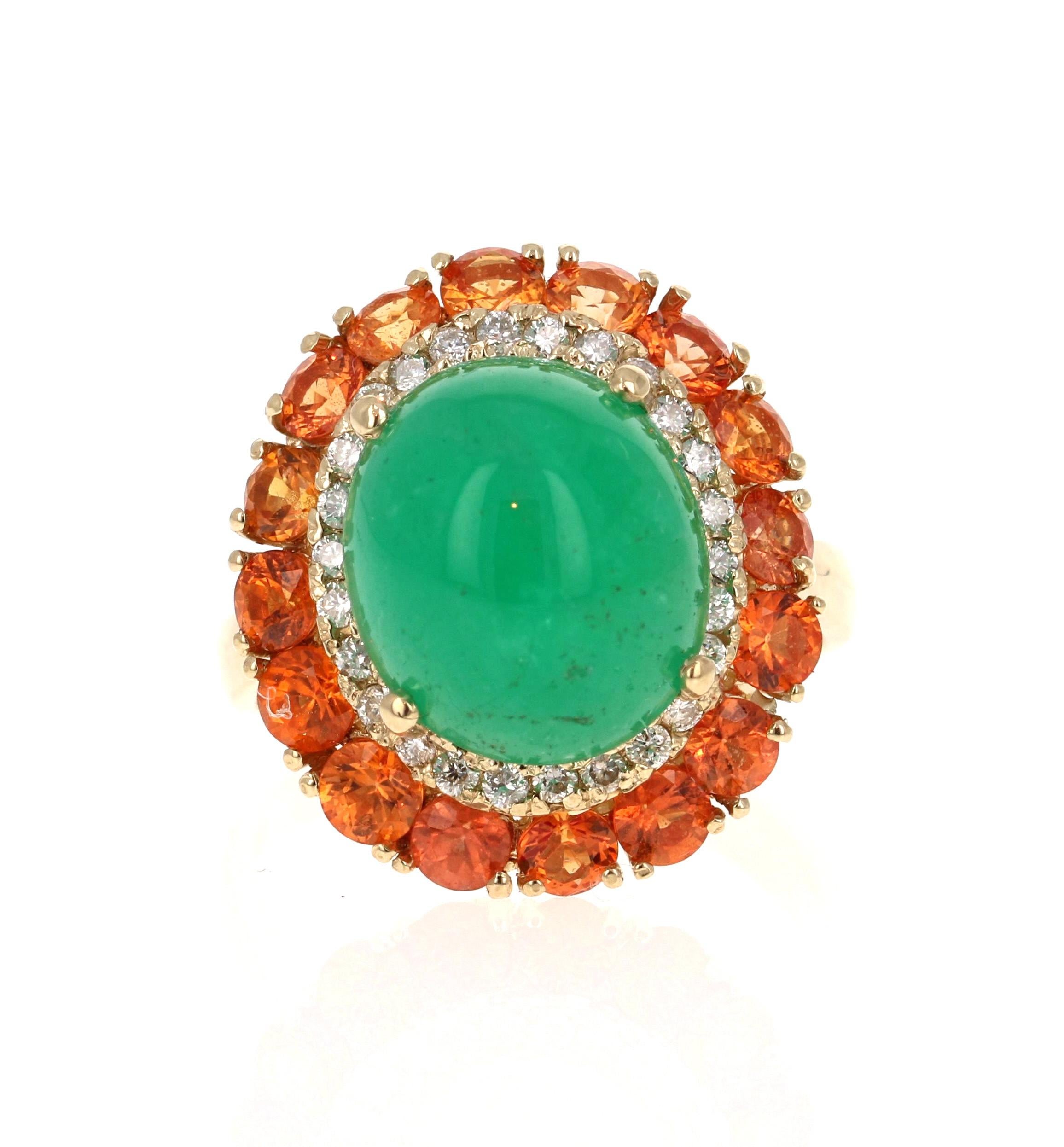 9.04 Carat Emerald Diamond  and Orange Sapphire Cocktail Ring!

The most unique ring of all! A beautiful Cabochon Emerald sits in the center of the ring and is surrounded by a cluster of Orange Sapphires and Diamonds.  

The carat weight of the