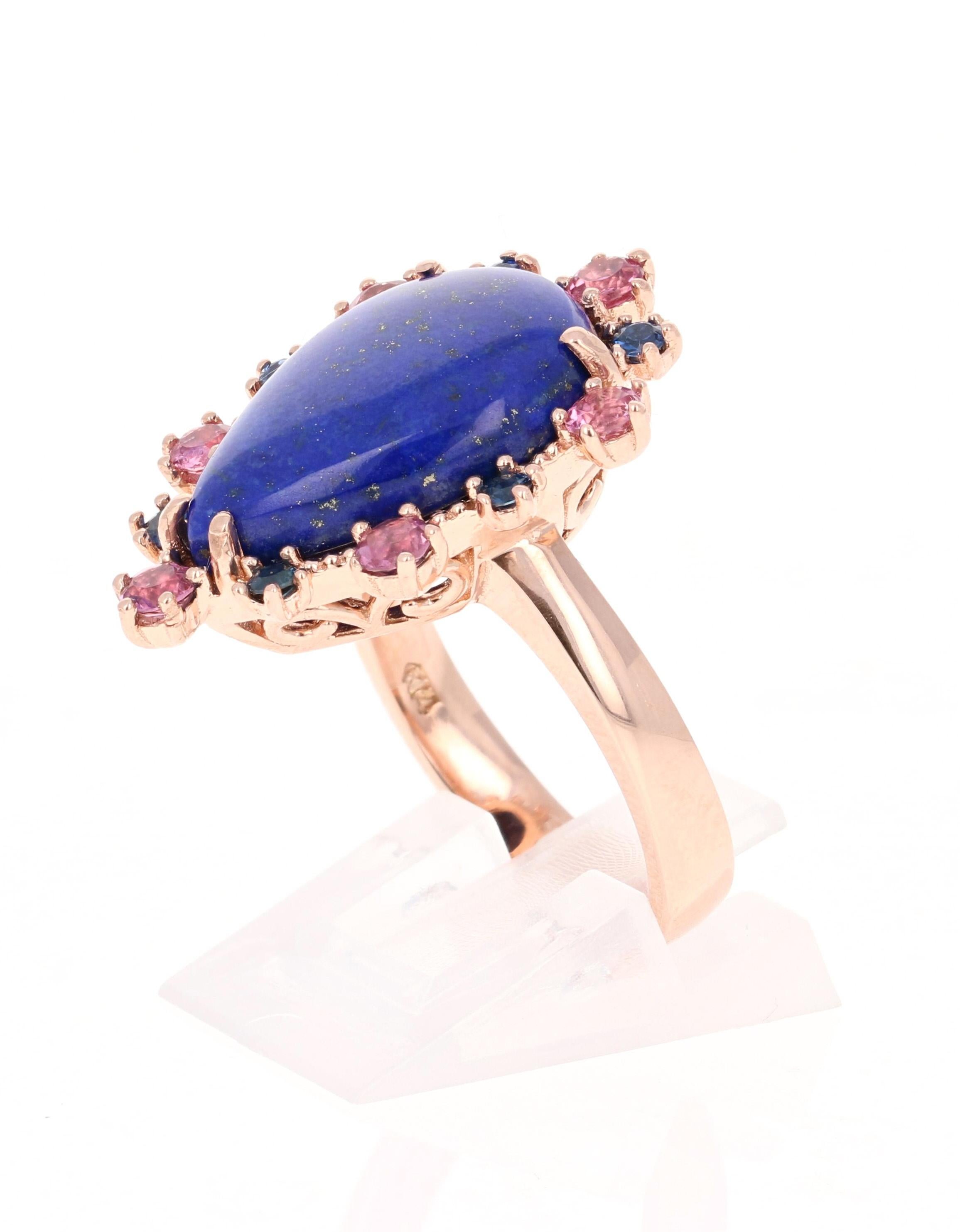 Contemporary 9.04 Carat Lapis Lazuli Tourmaline and Sapphire Cocktail Rose Gold Ring For Sale