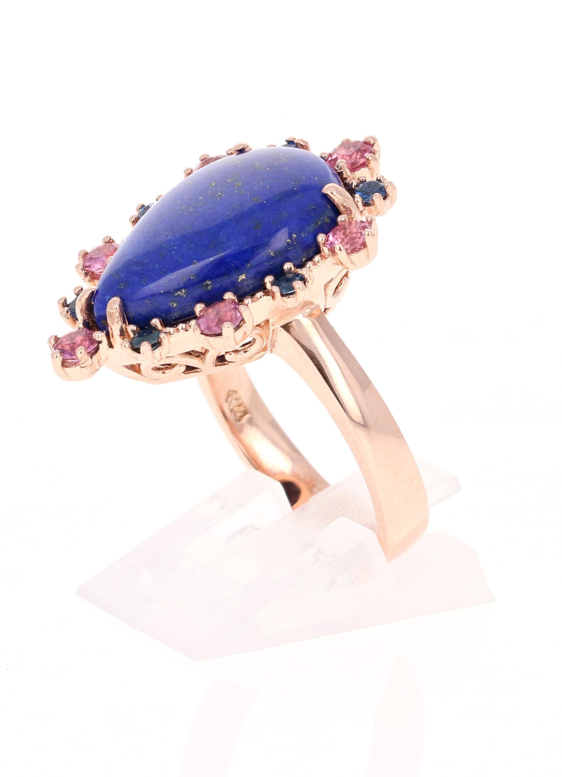 Pear Cut 9.04 Carat Lapis Lazuli Tourmaline and Sapphire Cocktail Rose Gold Ring For Sale